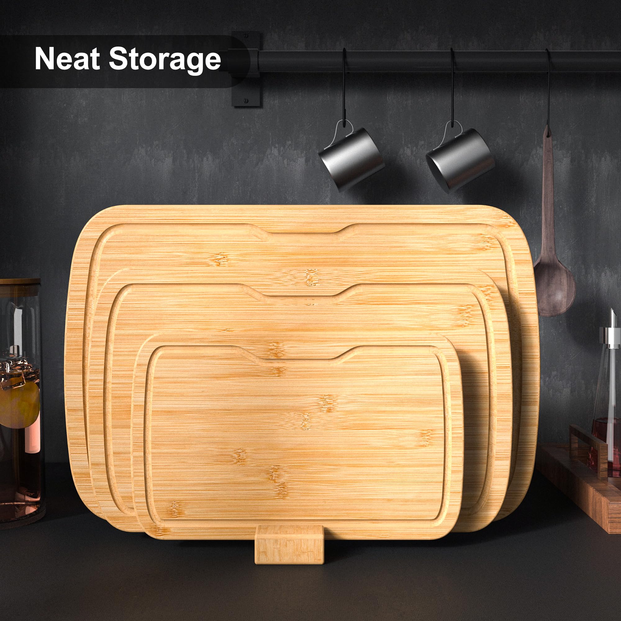 KitchenBoss Bambù Tagliere Legno con Scanalatura, Set di 3 Tagliere da Cucina38x25cm/33x20cm/25x15cm Cutting Board Duraturo per Carne, Verdure e Pane