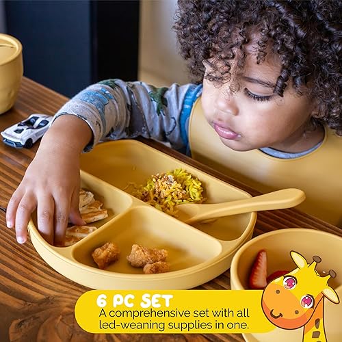 Miniatura 2 de Juego de alimentación de silicona en color amarillo, incluye todos los juegos de vajilla para bebés, silicona de grado alimenticio (juego de 6