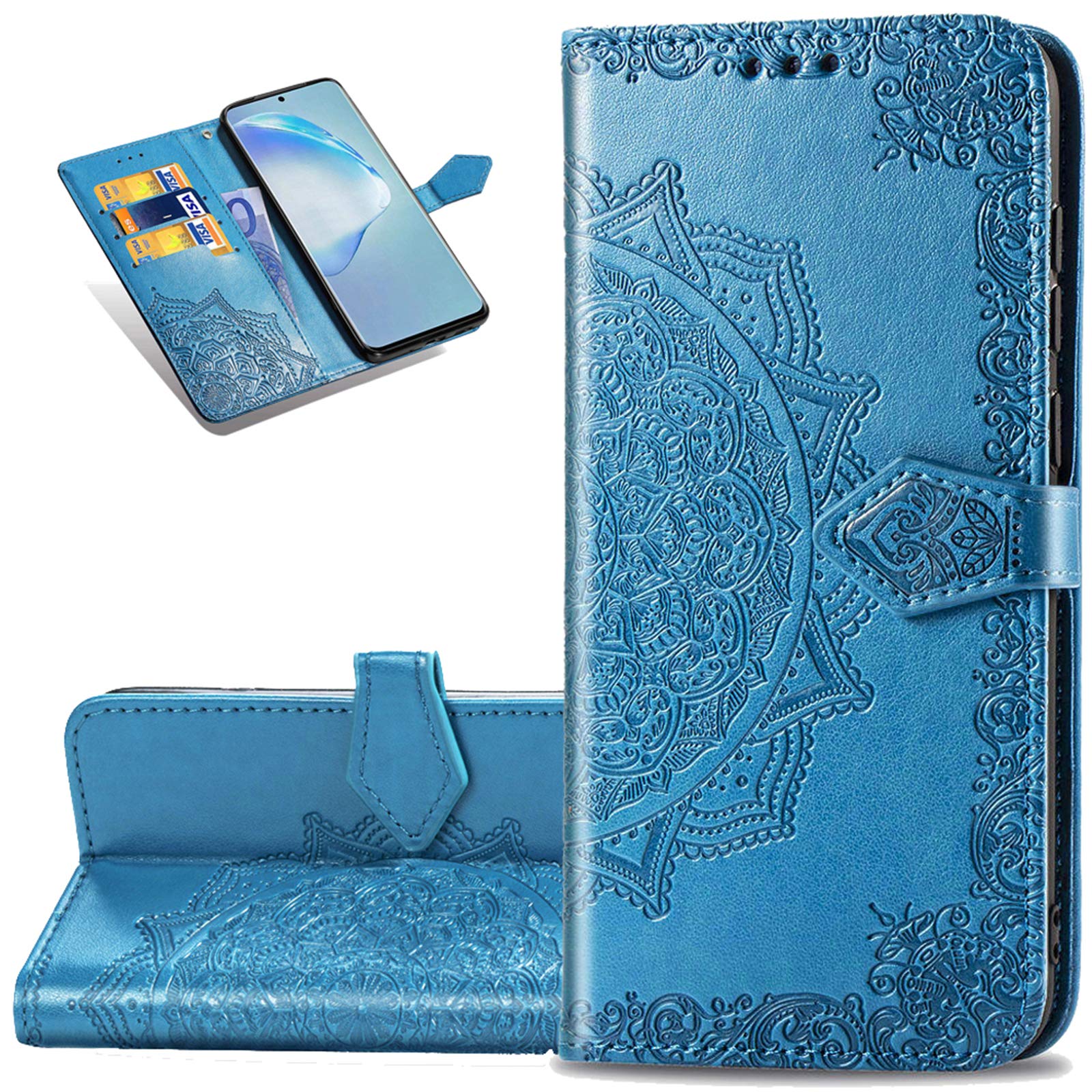 LEMAXELERS Google Pixel 5 Case PU Leather Phone Case Mandala Embossed Wallet Flip Shockproof Protective with Stand Card Holder Cover for Google Pixel 5. Mandala Blue SD