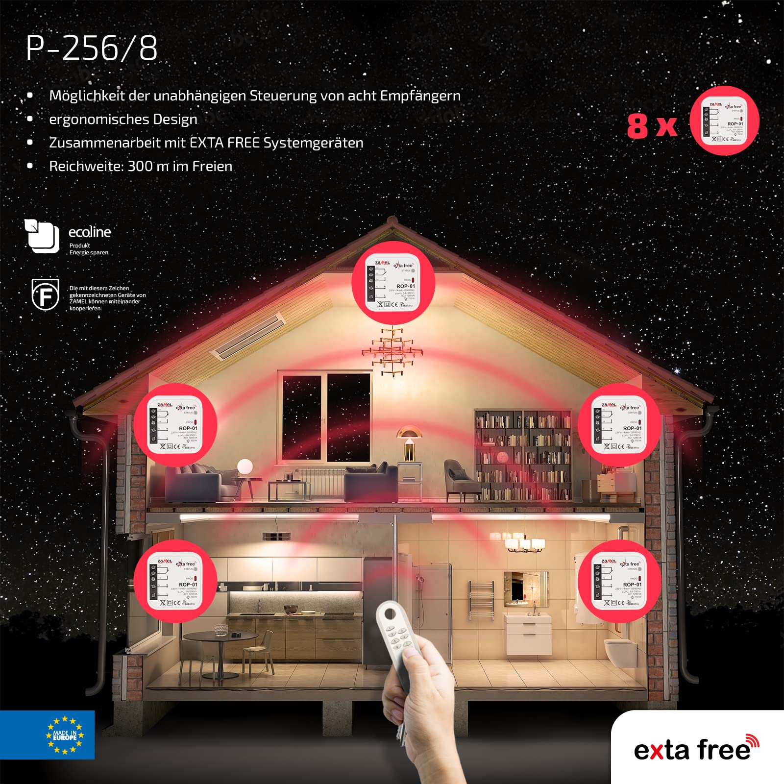 EXTA FREE Fernbedienung Fernsteuerung Funkschalter 8 Kanäle Beleuchtung Tor Rollladen Lichtintensität Steuerung Kabellos P-256/8