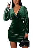 Women's Elegant Deep V Neck Long Sleeve Batwing Bodycon Velvet Mini Party Club Dress