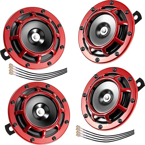 Tallew Bocina eléctrica de tren de 12 V con parrilla protectora roja, 128 dB, tono alto, tono bajo, metal para auto, camión, motocicleta, bicicleta,