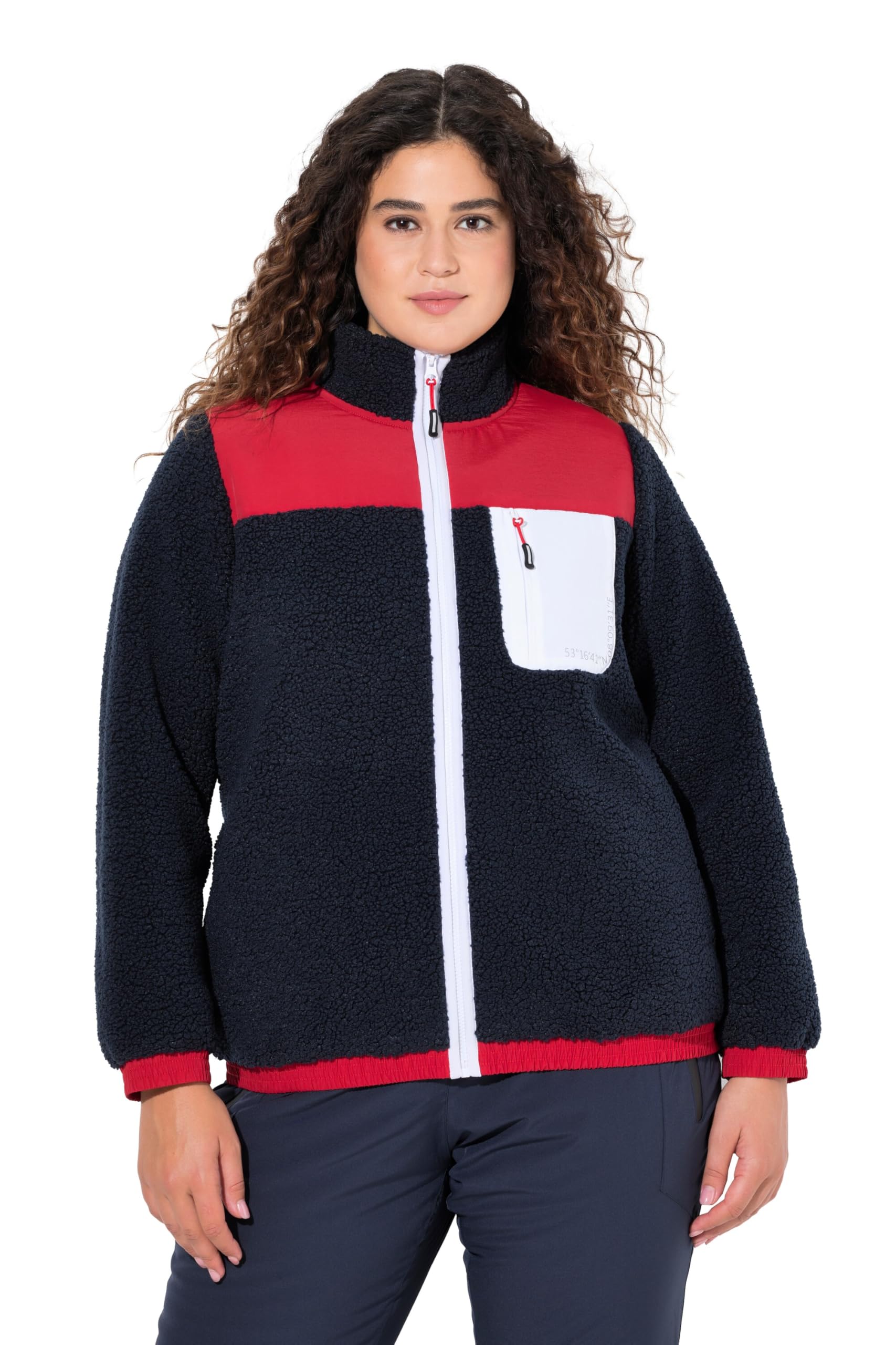 Ulla Popken Damen große Größen Übergrößen Plus Size Teddyfleece-Jacke, Patches, Stehkragen, 2-Wege-Zipper 823345