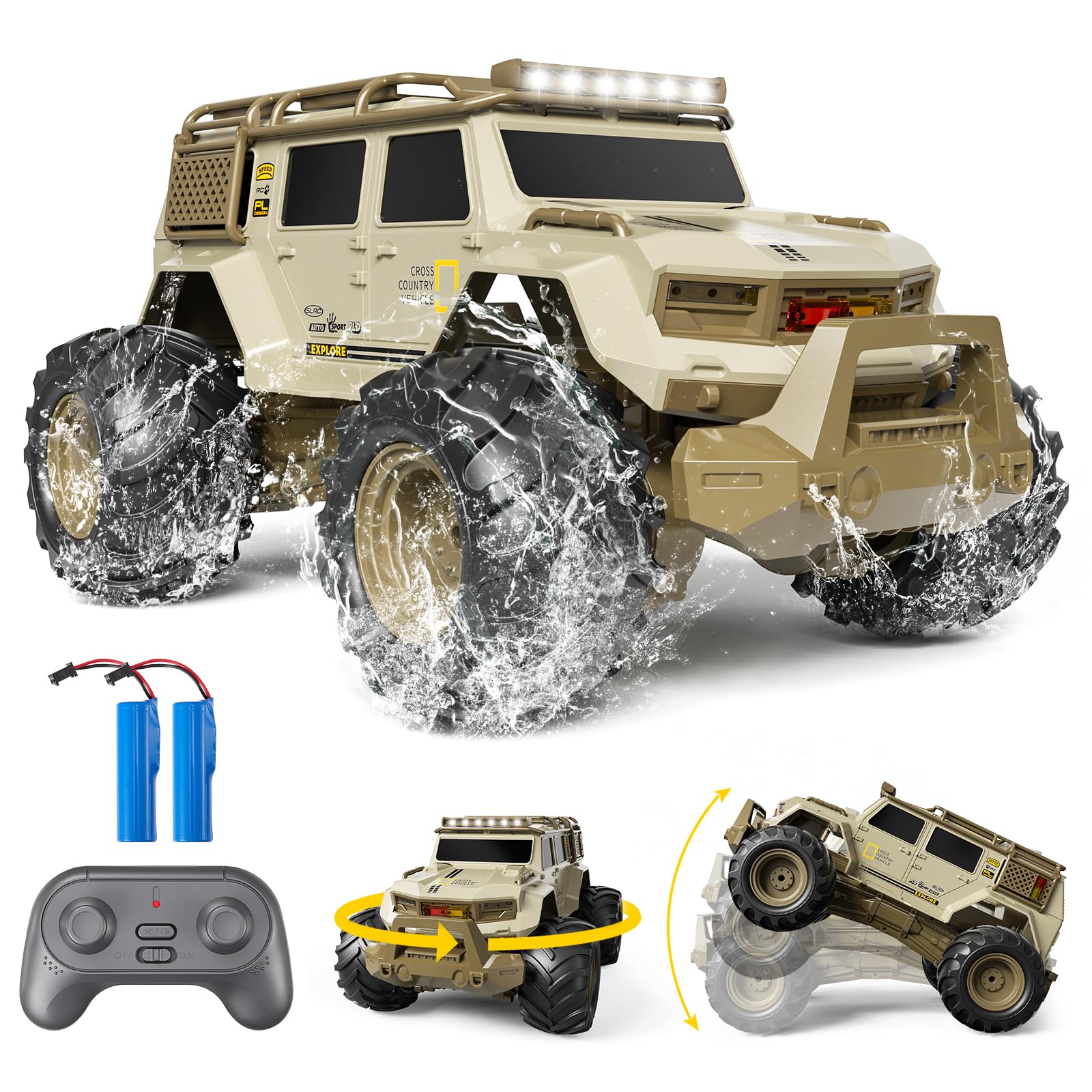 1:14 Voiture Télécommandée, 2.4GHz Voitures Telecommandé Enfant, avec Lumières LED, 360°Rotation, Voiture RC Tout Terrain pour Garçon et Homme (Kaki)