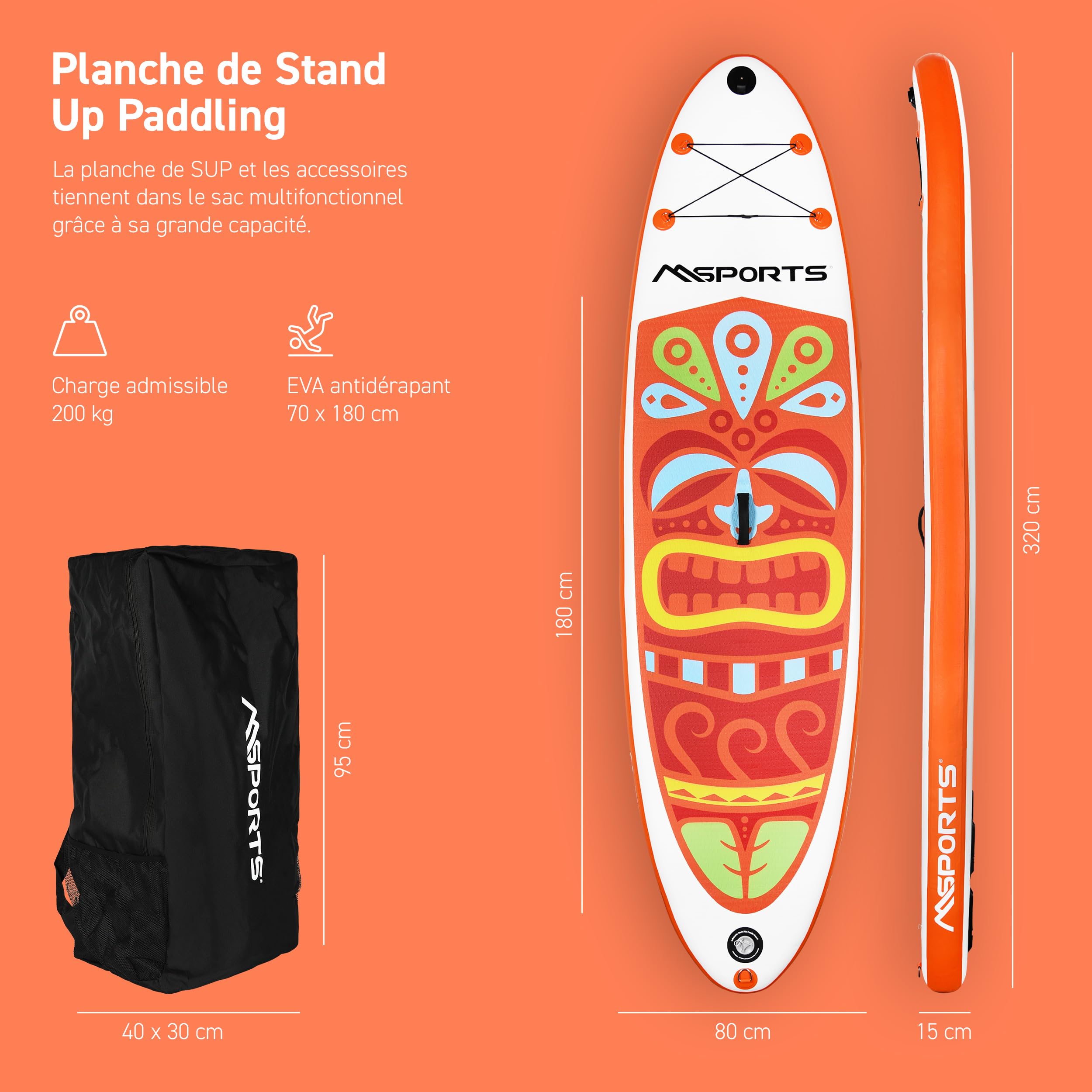 MSPORTS Planche de stand up paddle gonflable complète accessoires pagaie réglable, pompe de haute qualité + 2 bâtons de pagaie + sac étanche pour smartphone + sac multifonction