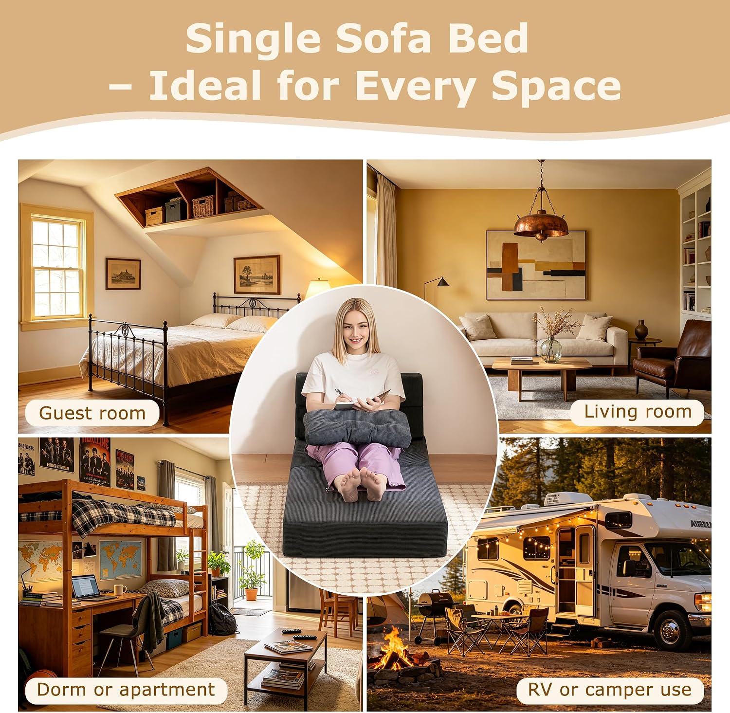 Folding Sofa Bed, Single Fold Out Chair Bed with Pillow 4 in 1 Convertible Sleeper Chair, Foam Foldable Couch Mattress, Futon Chair with Free Standing for Living Room/Guest/Apartment, Gray