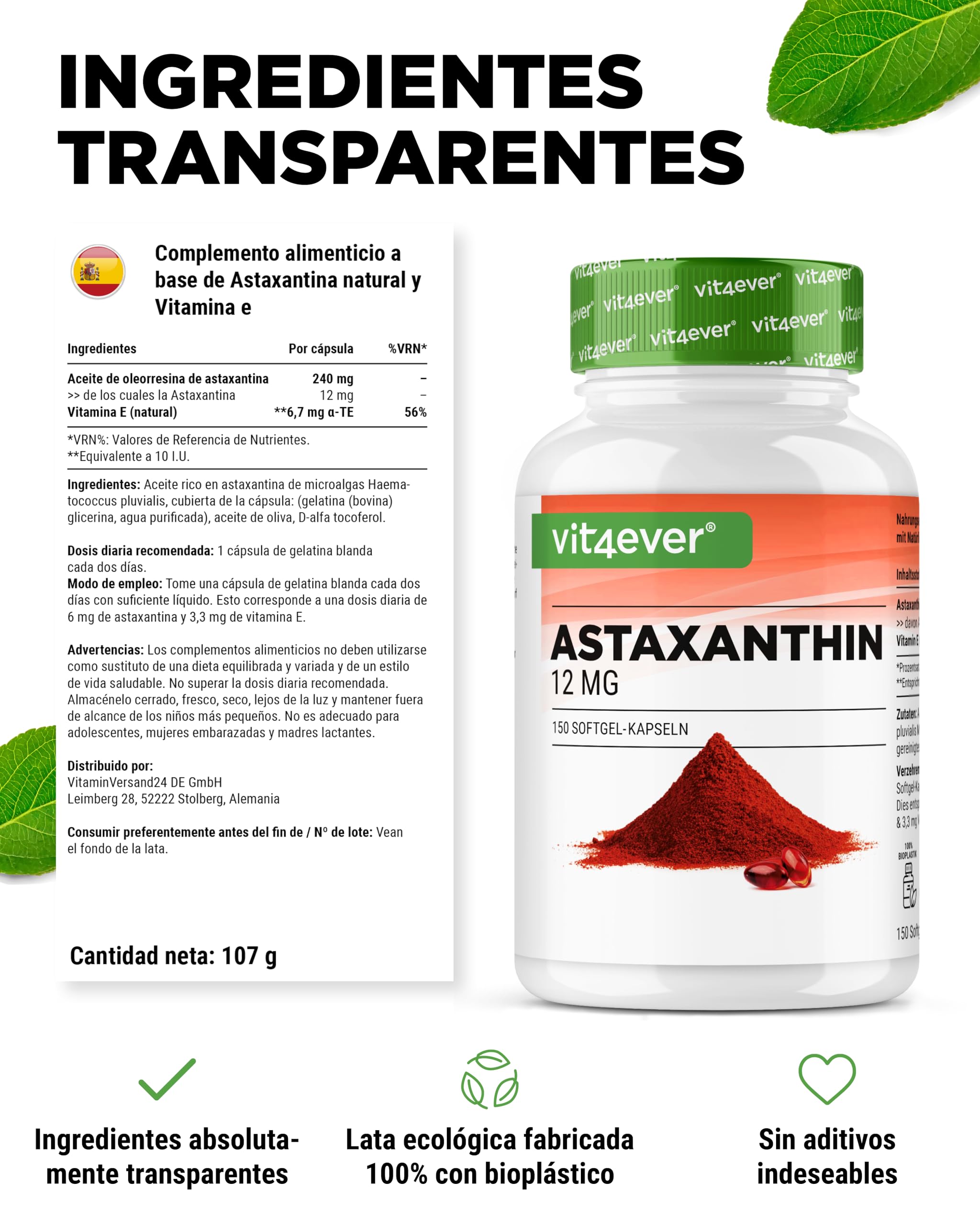vit4ever Astaxantina 12 mg - 150 Cápsulas Blandas - Para 10 Meses