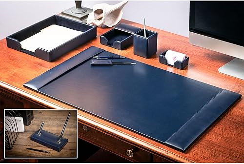 Miniatura 3 de Dacasso Juego de escritorio de lujo de 7 piezas de cuero azul marino, almohadilla secante y elementos esenciales para la organización del