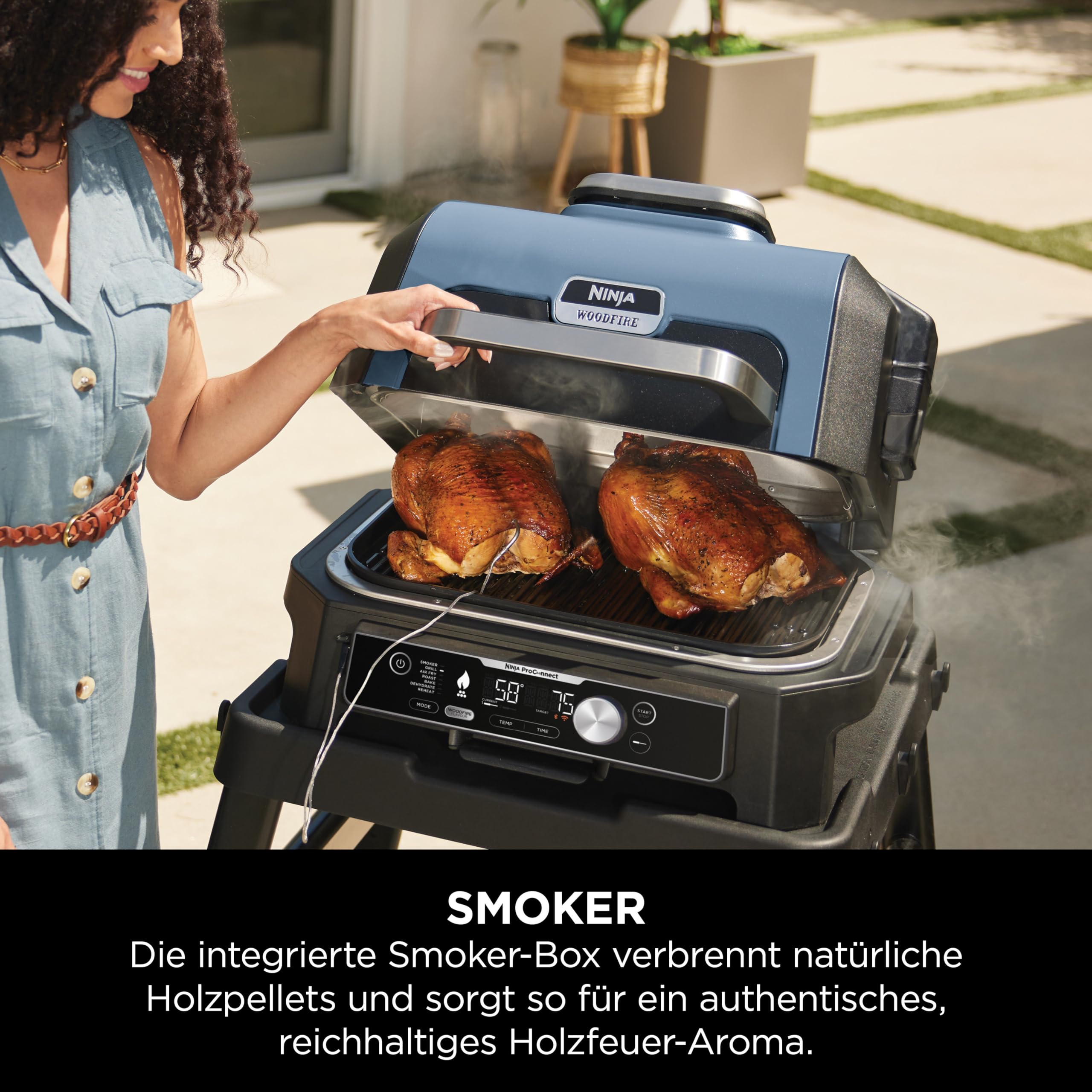 Ninja Woodfire Pro Connect XL Elektrischer BBQ Smoker Grill, App-Steuerung, digitaler Temperaturfühler, 7-in-1 Outdoor Grill elektrisch & Air Fryer mit Woodfire Pellets, wetterfest, Schwarz OG901EU
