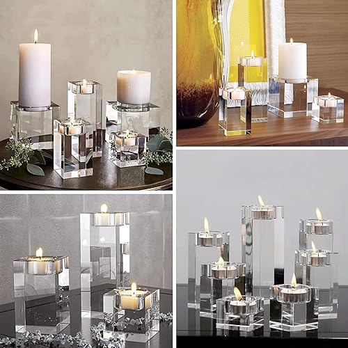 Miniatura 8 de Sziqiqi Portavelas pequeños de cristal, portavelas decorativas para centro de mesa, boda, juego de 3 cuadrados