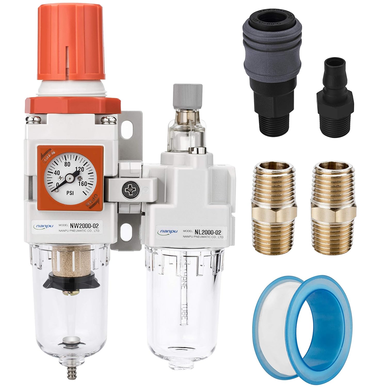 NANPU 1/4" NPT Embedded Gauge Compressed Air Filter, Regulator＆Lubricator Combo Water/Oil Trap Separator - 0-180 psi Gauge, Semi-Auto Drain, Poly Bowl, Metal Bracket - 3 in 1 Two Unit