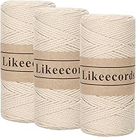 Likeecords 100% Cotton Crochet Yarn 3 Rolls 2mm x 510m Macrame Cord Chunky Yarn for Handbags Purses Blankets Apricot