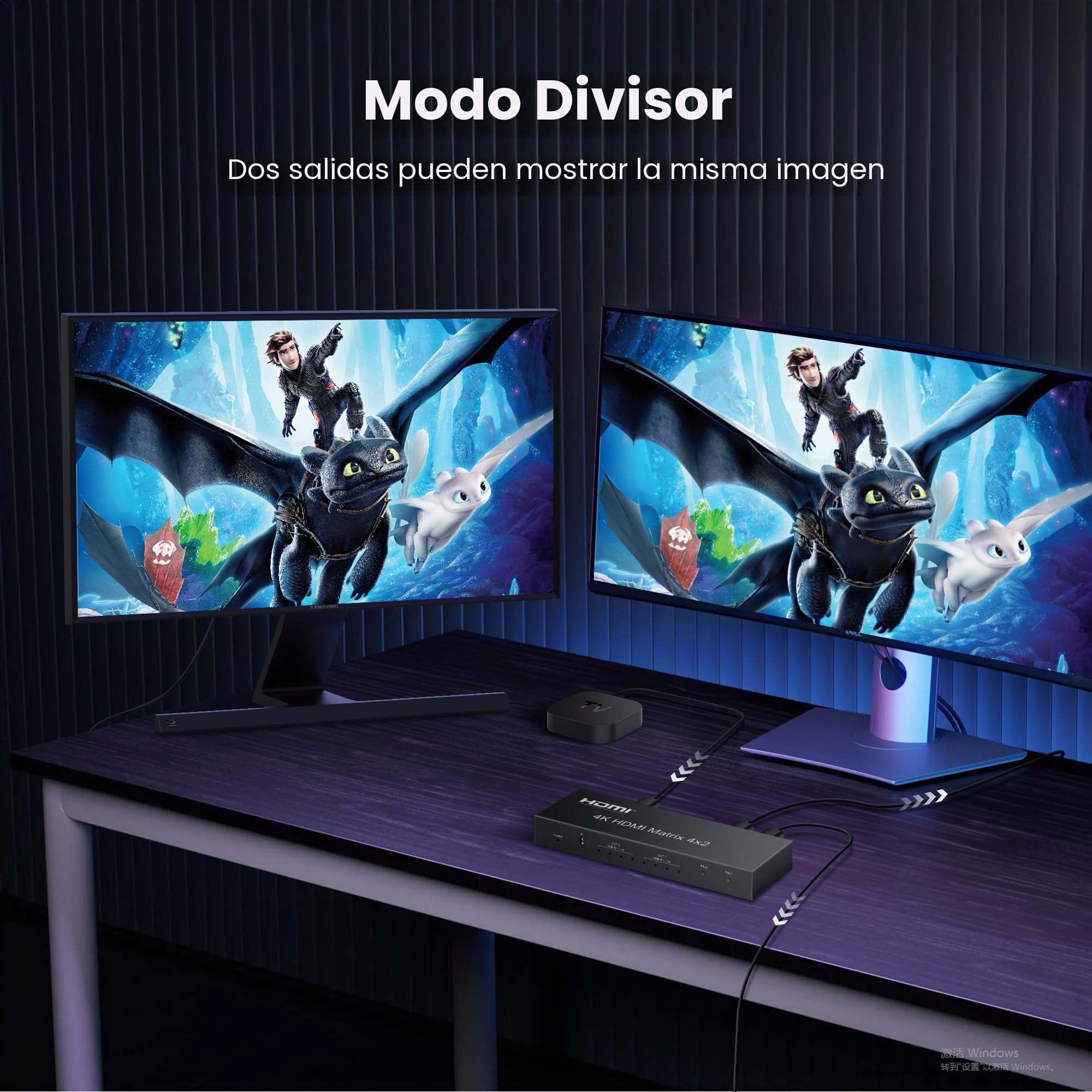 Conmutador de Matriz HDMI 4x2, 4 en 2 Salidas HDMI + Salida óptica y L/R de 3,5 mm, Compatible con Ultra HD 4K x 2K, 3D 1080P, Extractor de Audio EDID con Control Remoto IR