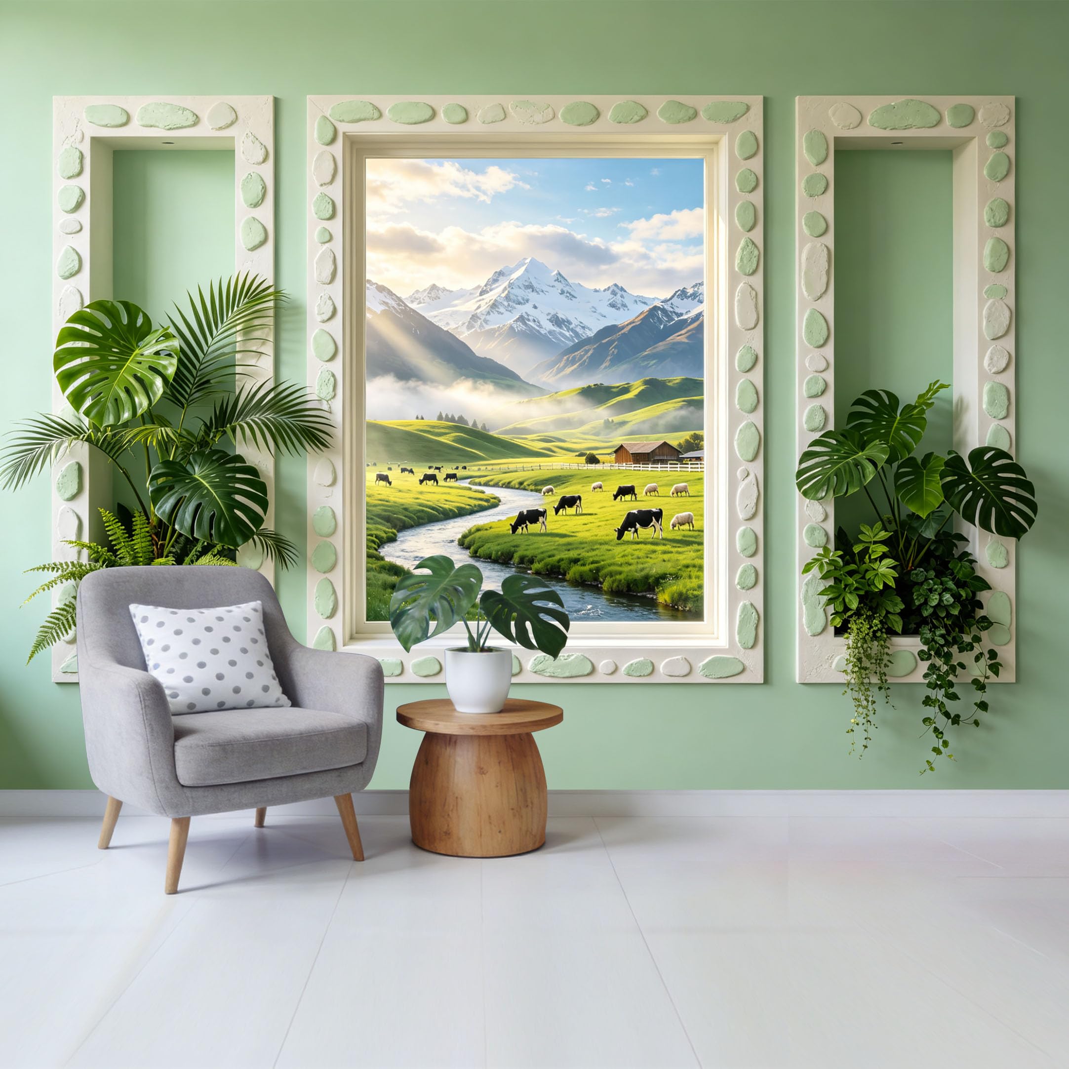 Custom Size Wall Mural Pastoral Mountain Landscape with River Cattle Farmhouse Scenery Removable Self Adhesive Fabric Home Wall Decor for Living Room Bedroom Bathroom