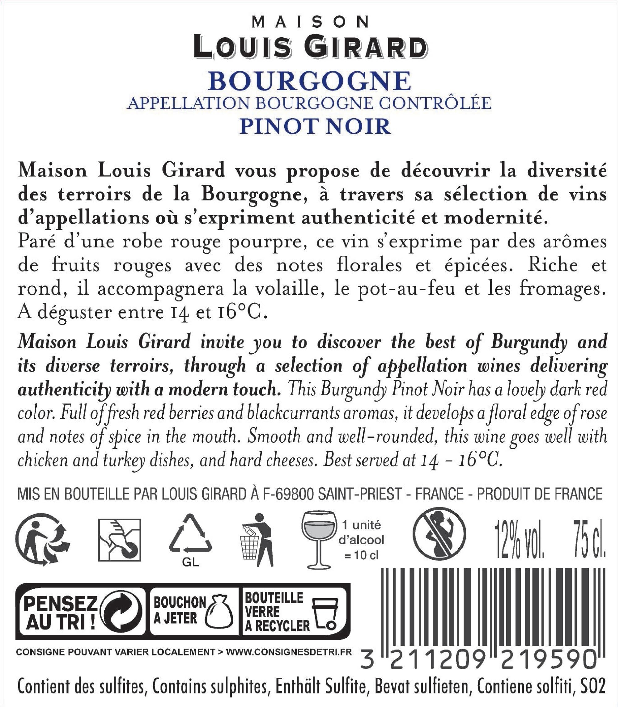 Maison Louis Girard - Pinot Noir - AOP Bourgogne - Vin Rouge - 6x75cl