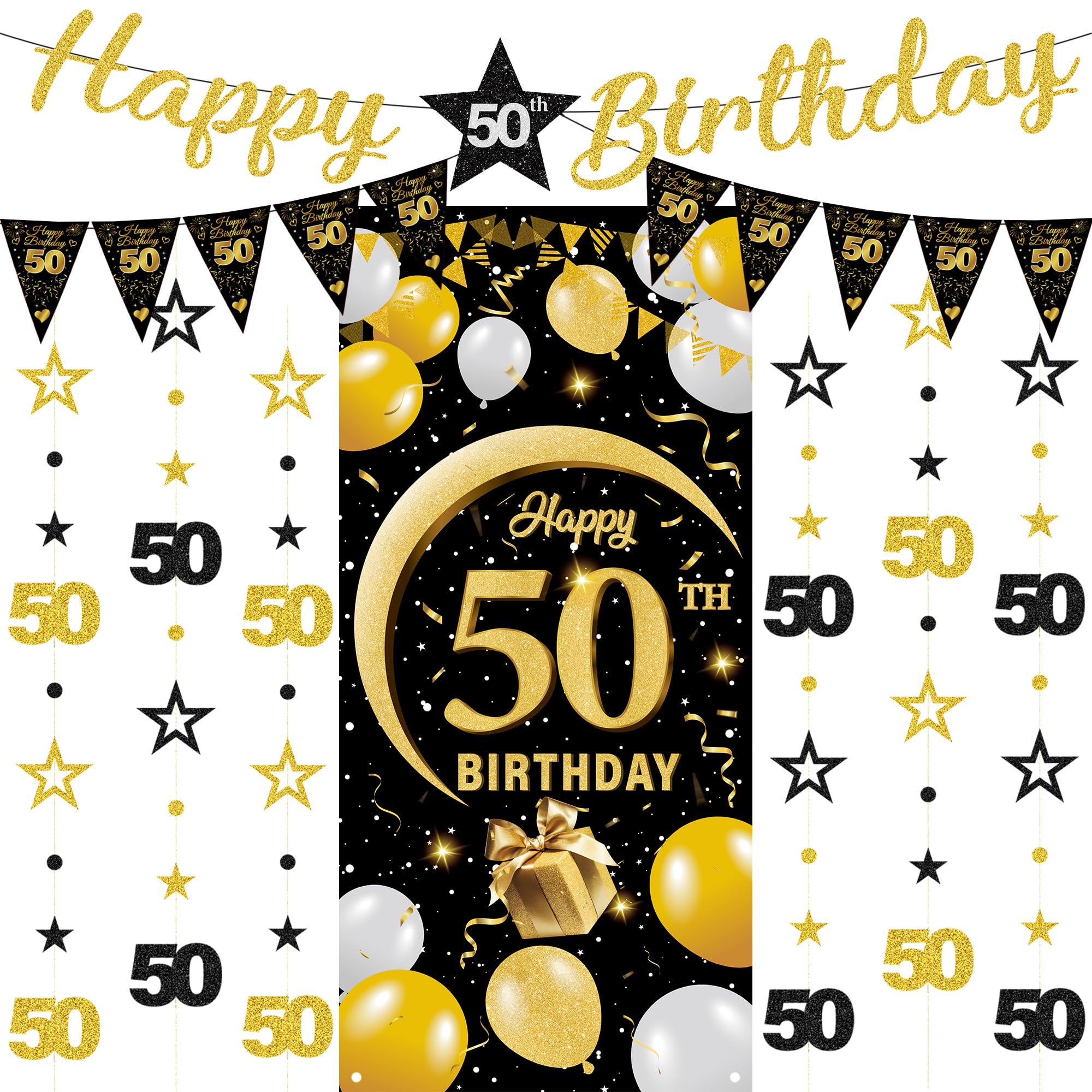 50th Birthday Decorations Banner Set - 9 Pcs Black Gold Happy 50th Birthday Background Banners Triangle Flags Number 50 Circle Dot Twinkle Star Garland for Fifty Year Old Party Supplies Decor