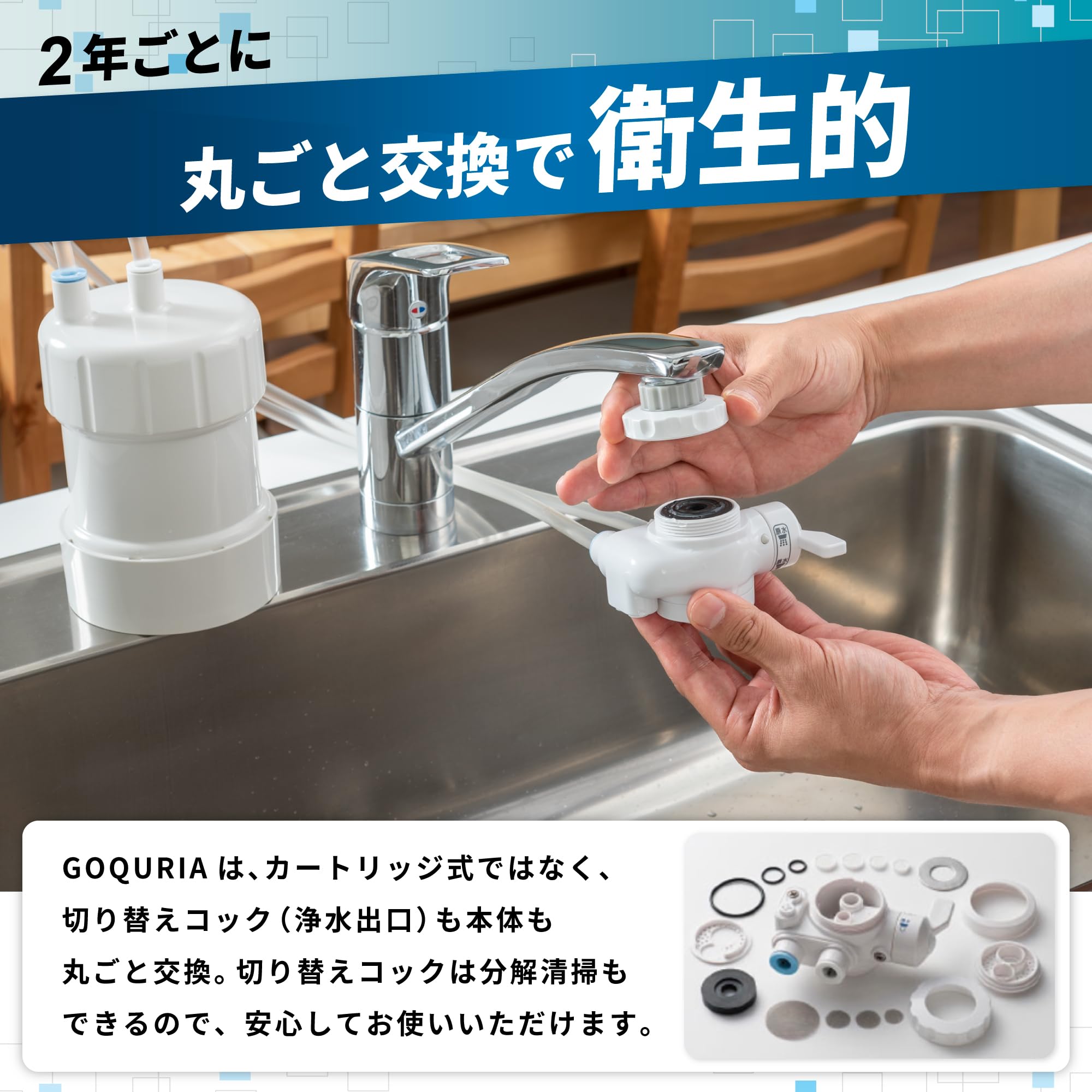 GOQURIA ゴクリア　家庭用浄水器　未使用品　グリーン／ホワイト Amazon｜浄水器GOQURIA グリーン／ホワイト 2年間カートリッジ交換不要
