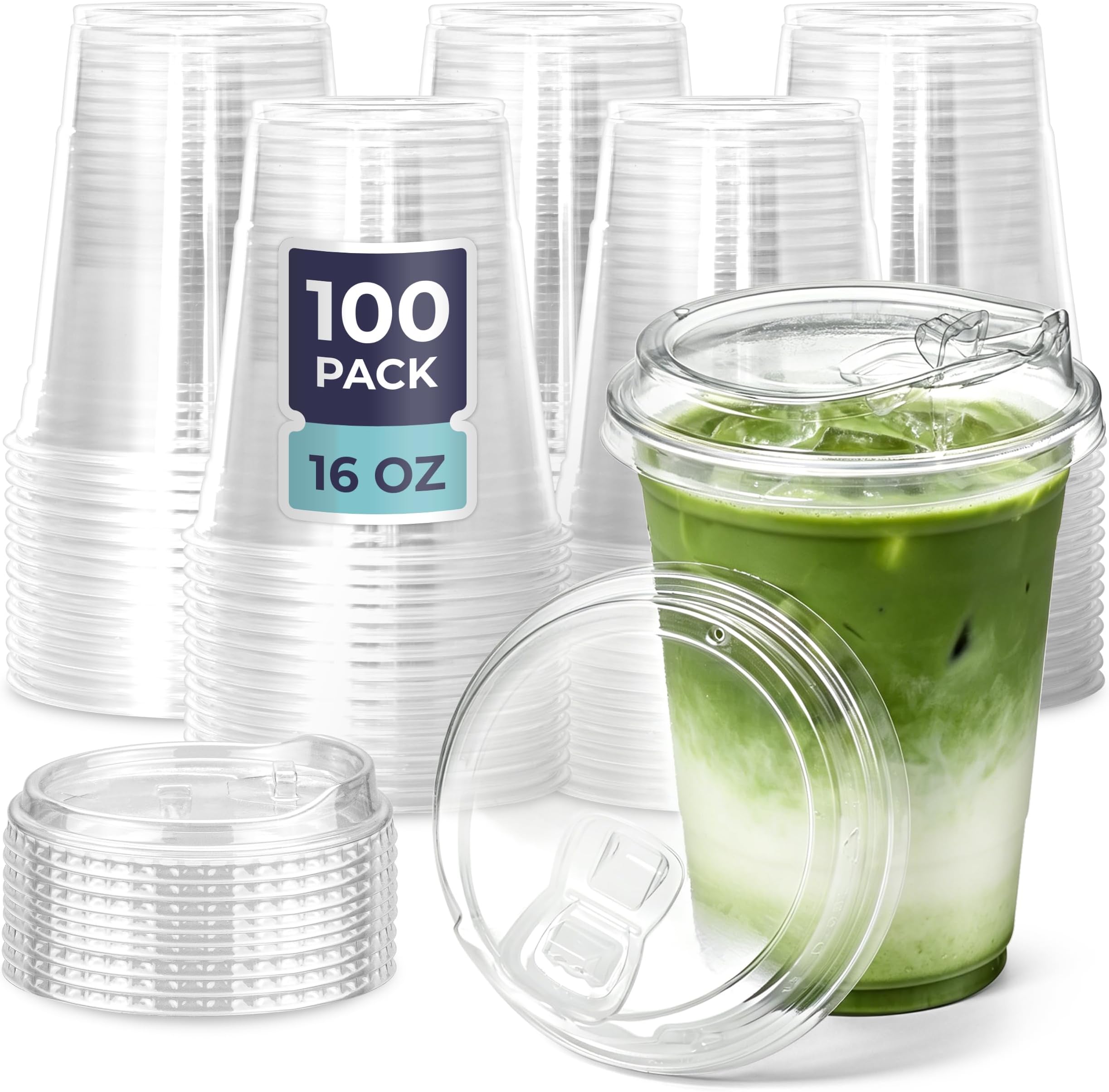 Fit Meal Prep 100 Pack 16 oz Clear Plastic Cups With Strawless Sip Lids, Disposable To Go Cups for Iced Coffee, Smoothies, Soda, Party Drinks, Bubble Tea, Cold Beverage