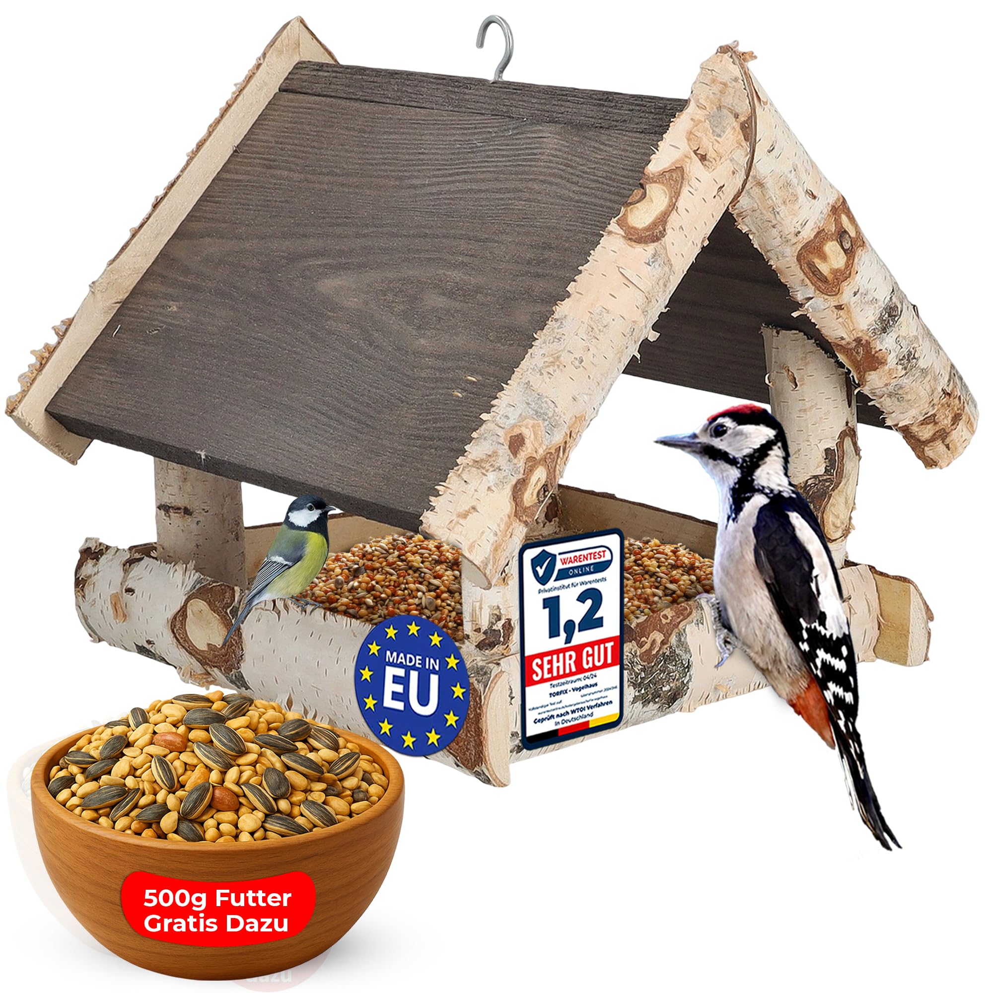 Comedero para pájaros de madera de abedul, comedero para pájaros para colgar, resistente a la intemperie, techo y gancho de metal, 26 x 26 x 25 cm, incluye 500 g de comida para pájaros lista