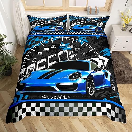 Vista 156 de Juego de ropa de cama de coche de carreras, avión, negro, gris, blanco, funda de edredón de coche deportivo de velocidad para niños, adolescentes