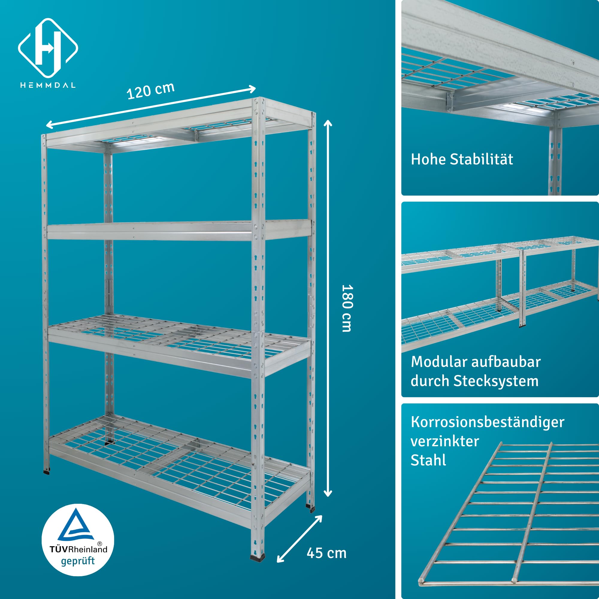 HEMMDAL Outdoor-Weitspannregal - 1.200 kg Tragkraft - HxBxT 180 x 120 x 45 cm - Steckregal mit 4 höhenverstellbaren Böden - 400 kg max. Fachlast - TÜV geprüft - Schwerlastregal aus verzinktem Stahl