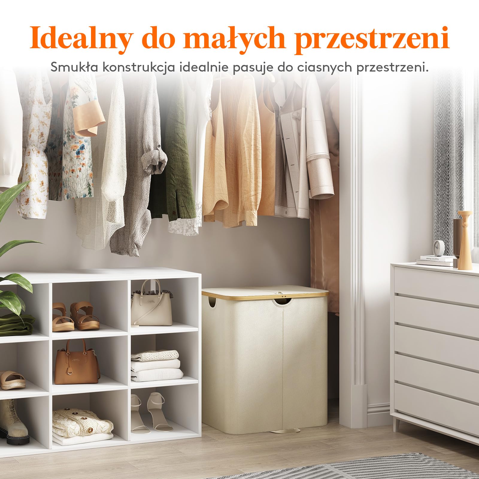 Lifewit 120L Kosz na Pranie z Pokrywą i Bambusowymi Uchwytami - Duży Składany z Wyjmowaną Torbą do Sypialni, Łazienki, Akademika, Pralni - Beżowy