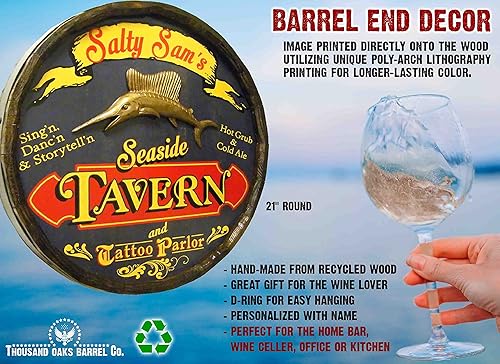 Vista 334 de THOUSAND OAKS BARREL CO. Personaliza el letrero de un cuarto de barril con cócteles de gato negro, barril de vino hecho de madera de roble de alta