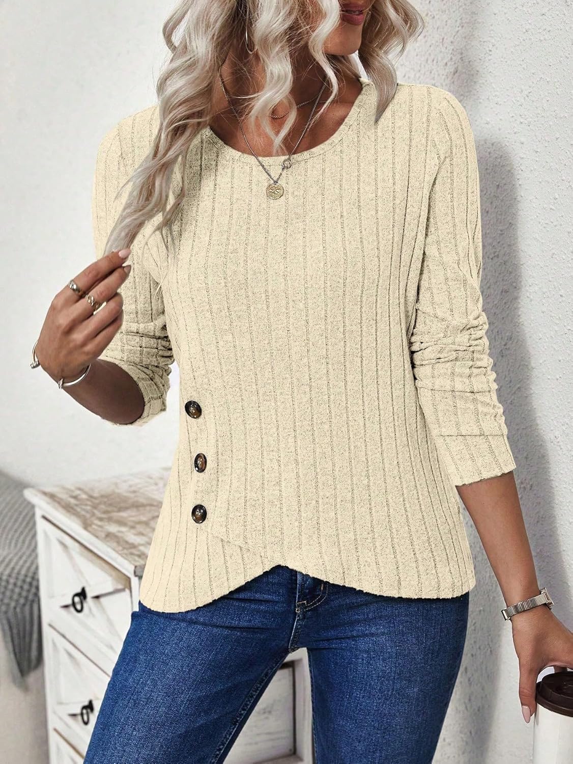 SISKIN Ribbed Long Sleeve Tops for Women Fall Sweaters Light Weight Fitted Crew Neck Side Button Tunic Pullover Sweater - Image 4