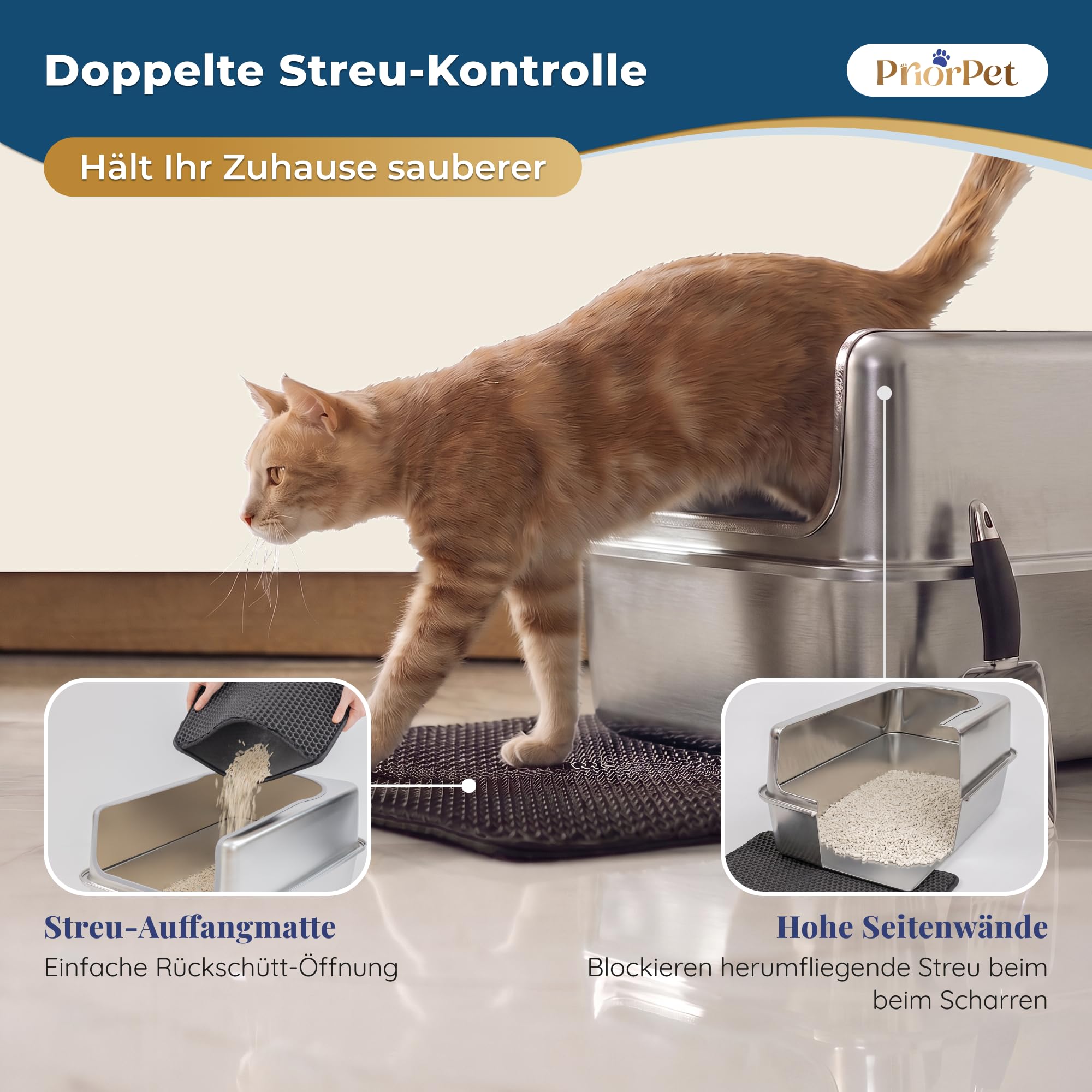 Katzenklo Edelstahl XXL – Leicht zu reinigen, geruchsresistent – Katzentoilette mit hohem Rand, 38L – Auslaufsicher, antihaftbeschichtet – Mit Schaufel & Matte