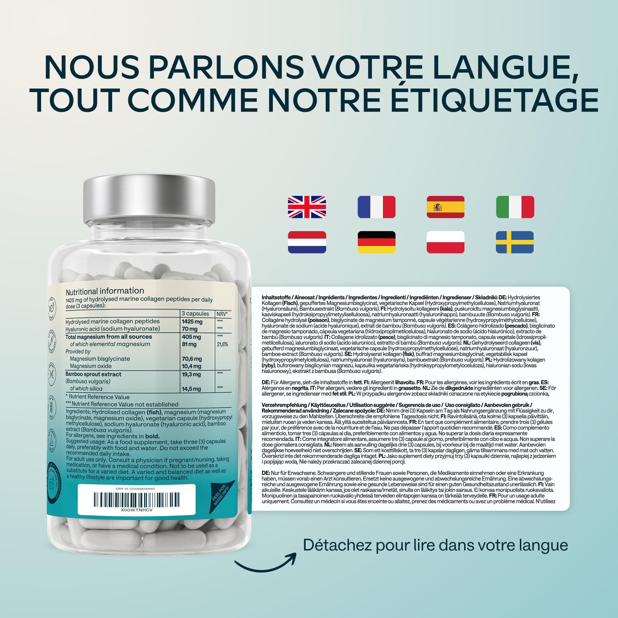 Collagene Marin Acide Hyaluronique et Magnesium | 1452 mg - Complement Alimentaire Peau Collagene et Acide Hyaluronique Pur au Peptide de Collagene - Collagène Marin Hydrolysé sans OGM - 120 Gélules