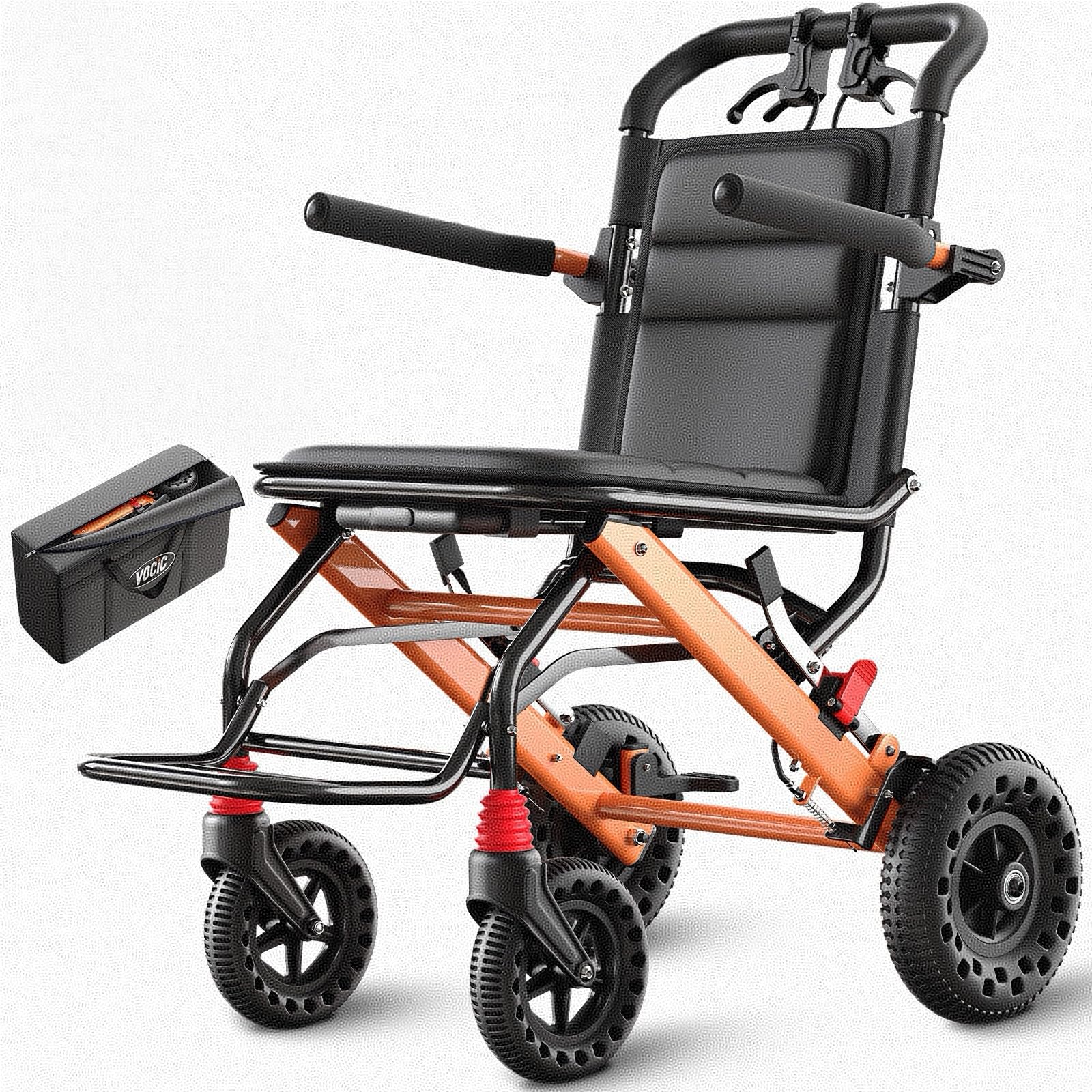 VOCIC U41 Silla de Ruedas Plegable Ultraligera 8.6KG | Silla ruedas transporte viaje en avión,neumáticos panal 20CM todo terreno,aluminio compacta 51CM (Naranja)