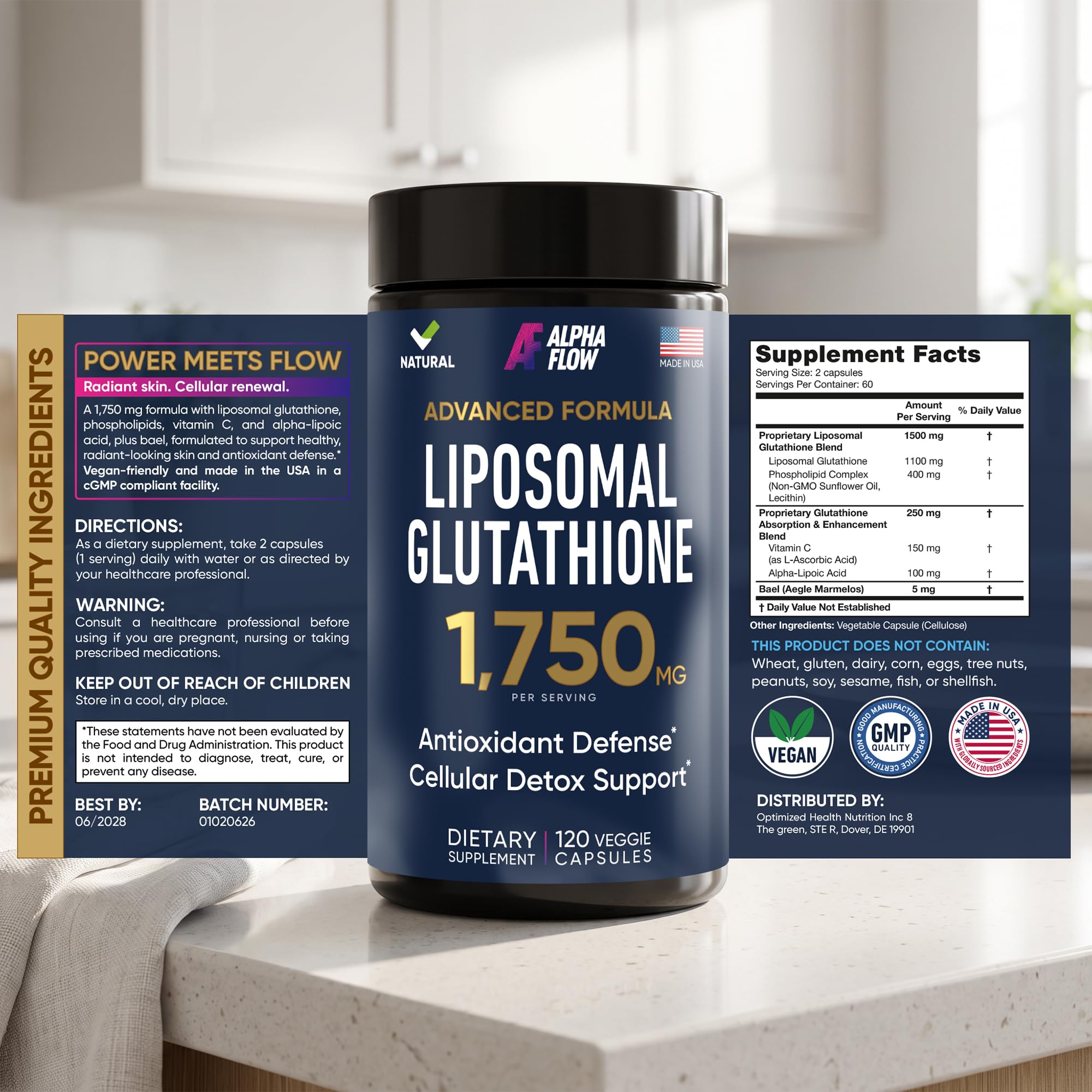 Alpha Flow Liposomal Glutathione Supplement 1750MG - Glutathione Liposomal with Vitamin C + Phospholipid Antioxidant Complex - L Glutathione for Liver Detox and Immune Support Supplement