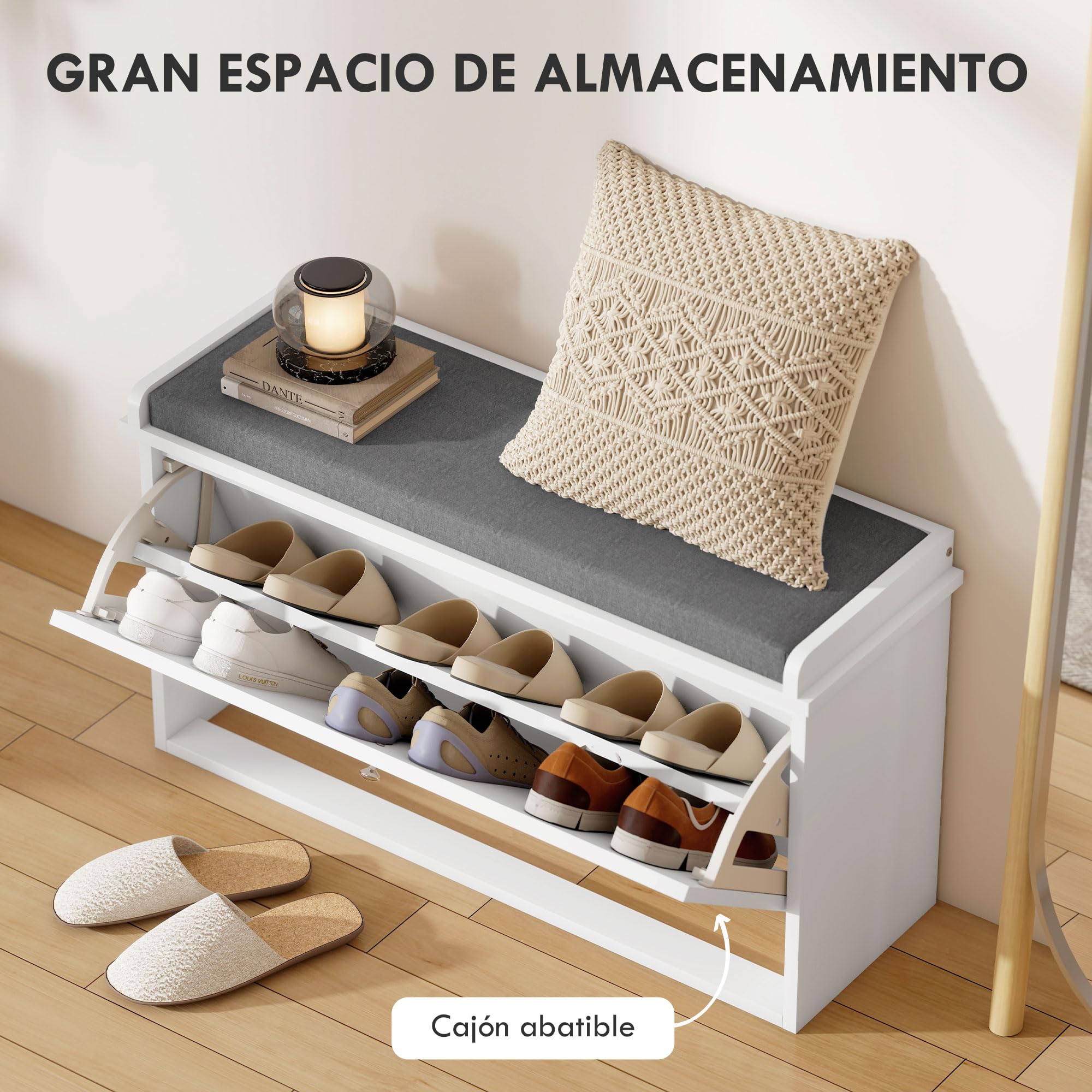 HOMCOM Banco Zapatero con Asiento Moderno de Madera 80x26x48 cm Blanco | Banco con Almacenaje, Mueble Zapatero, Estantes Ajustables, Cojín Acolchado, para 8 Pares de Zapatos, Entrada Recibidor