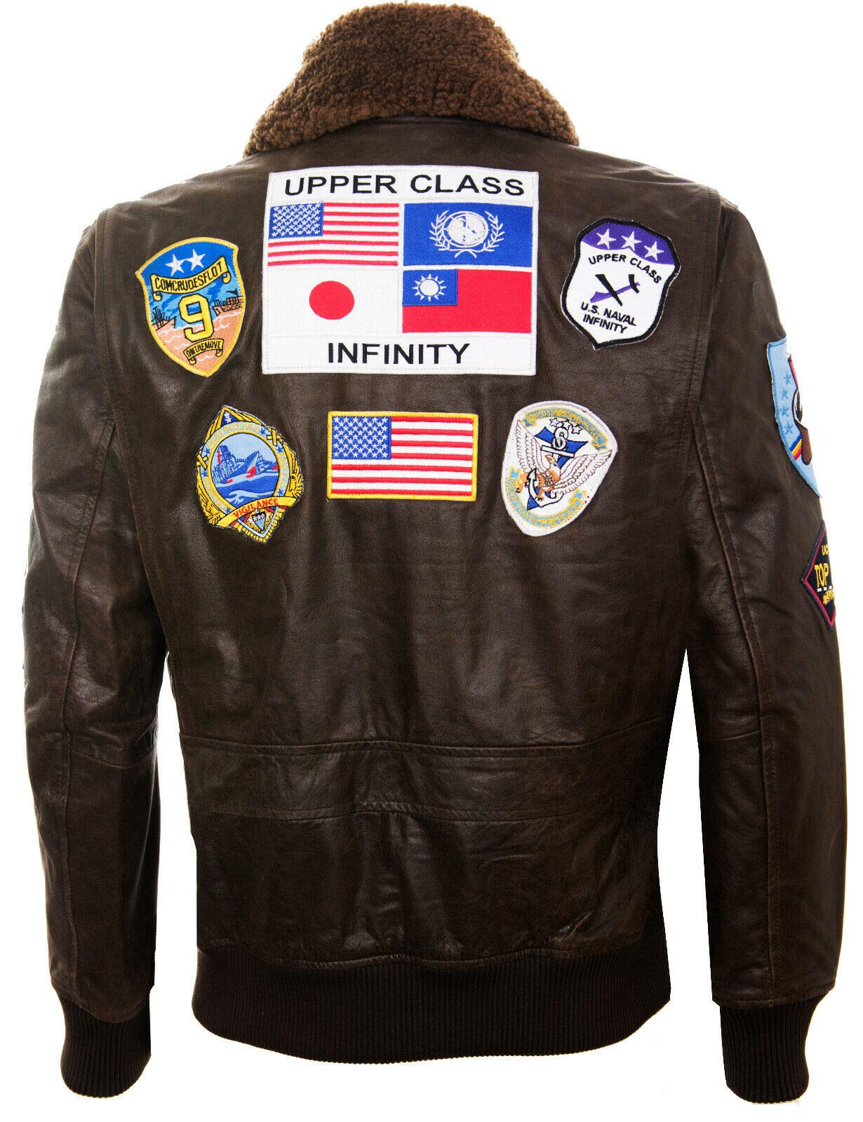 Infinity Leather Giubbotto Bomber da Uomo in Pelle con Collo e Toppe in Pelle di Pecora Stile Top Gun Air Force A2 Flight