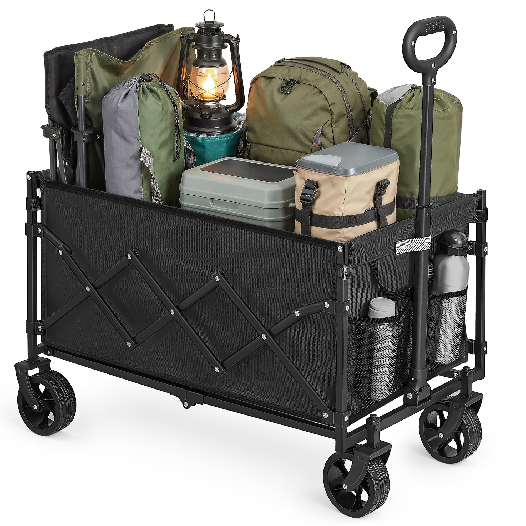 SONGMICS Festival Trolley on Wheels, Foldable Camping Cart, Pull Garden Wagon, Adjustable Handle, 4 Reinforced Wheels, Outdoor, Yard, Loads Up to 150 kg, 150 L, Ink Black GFW150BH01