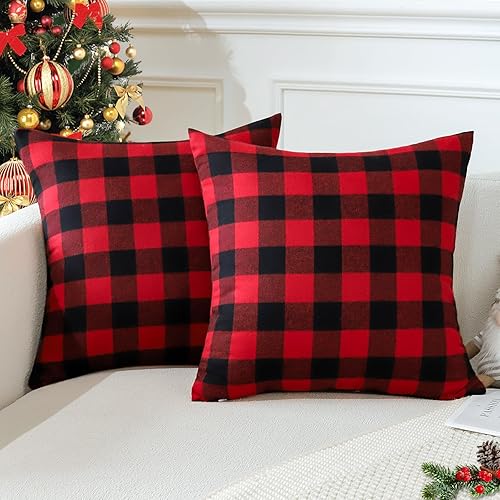 OTOSTAR Paquete de 2 fundas de almohada clásicas de lino a cuadros navideños de 16 x 16 pulgadas, fundas de cojín cuadradas suaves para decoración