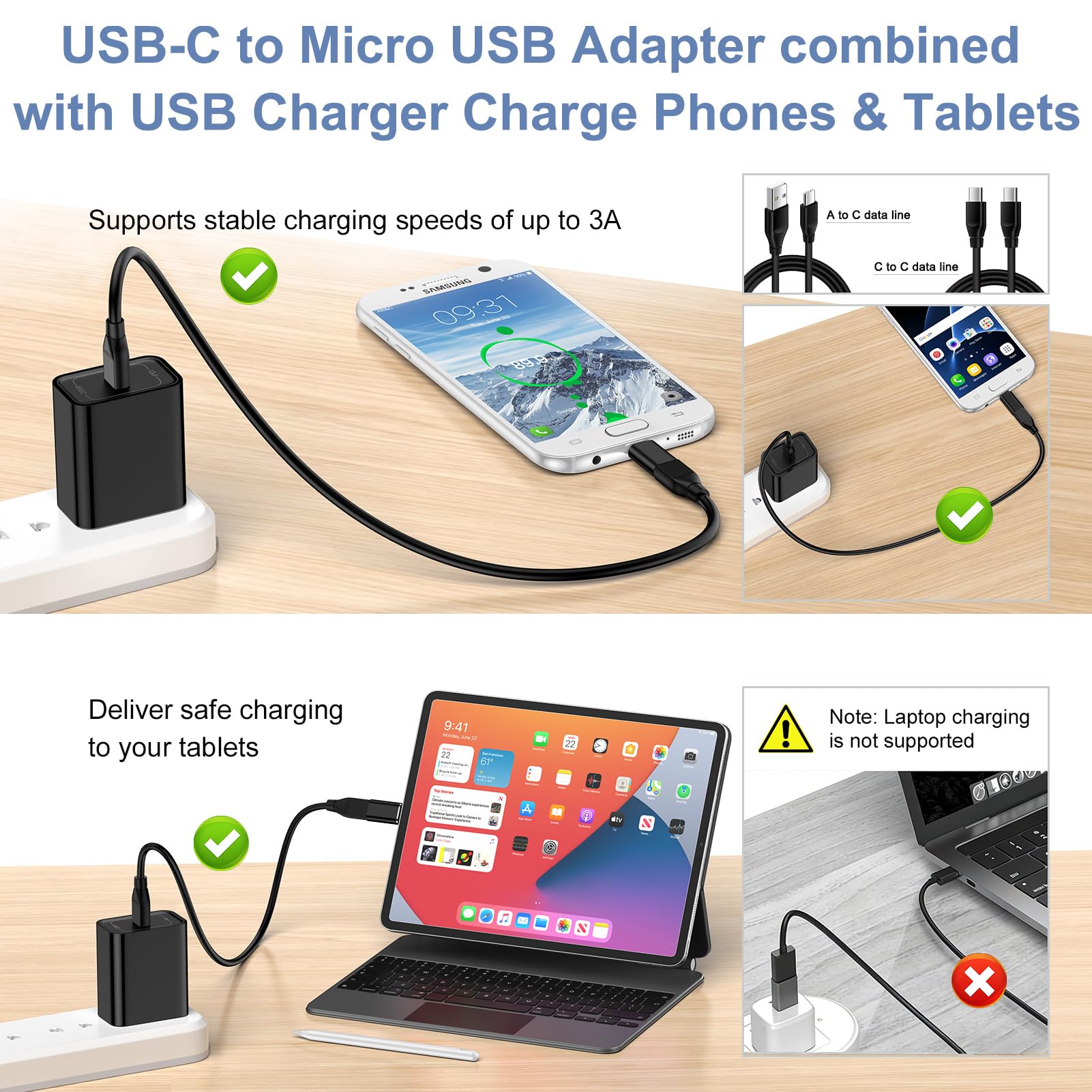 Lot de 4 adaptateurs USB-C vers micro USB, type C femelle vers micro USB mâle, convertisseur USB C vers micro B 2.0 3 A, charge rapide et synchronisation des données pour Samsung Galaxy S7 S6 Edge A02