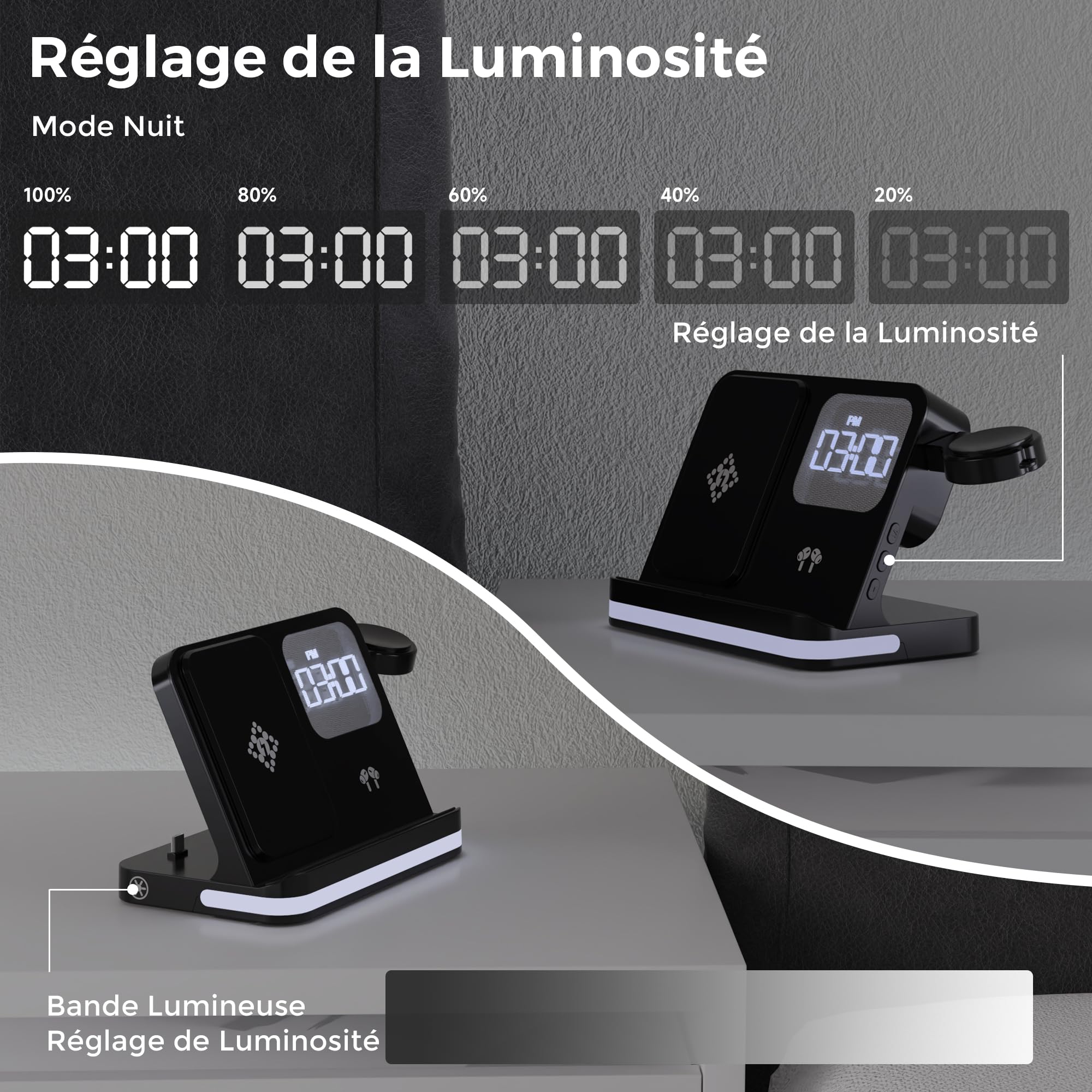 Chargeur Induction 3 en 1 pour Samsung avec Réveil et Veilleuse, Chargeur sans Fil 15W pour Galaxy S25/S24/S23, Galaxy Watch 8/7/6 et Galaxy Buds 4 Pro, Chargeur Rapide pour Samsung avec USB-C
