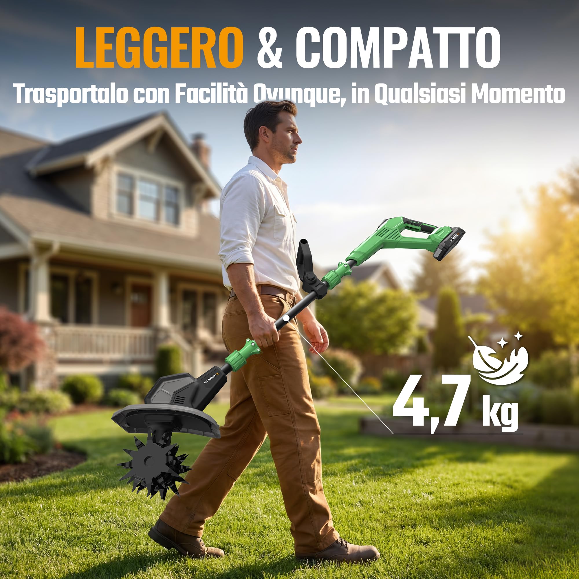 WORKPROX Motozappa Elettrica Senza Fili 20V, Lavoro 20 cm x 20 cm, Velocità 280 giri/min, Motozappa a Batteria da 4,0 Ah, Leggera 4,7 kg, Compatto per Giardino, Orto e Frutteto
