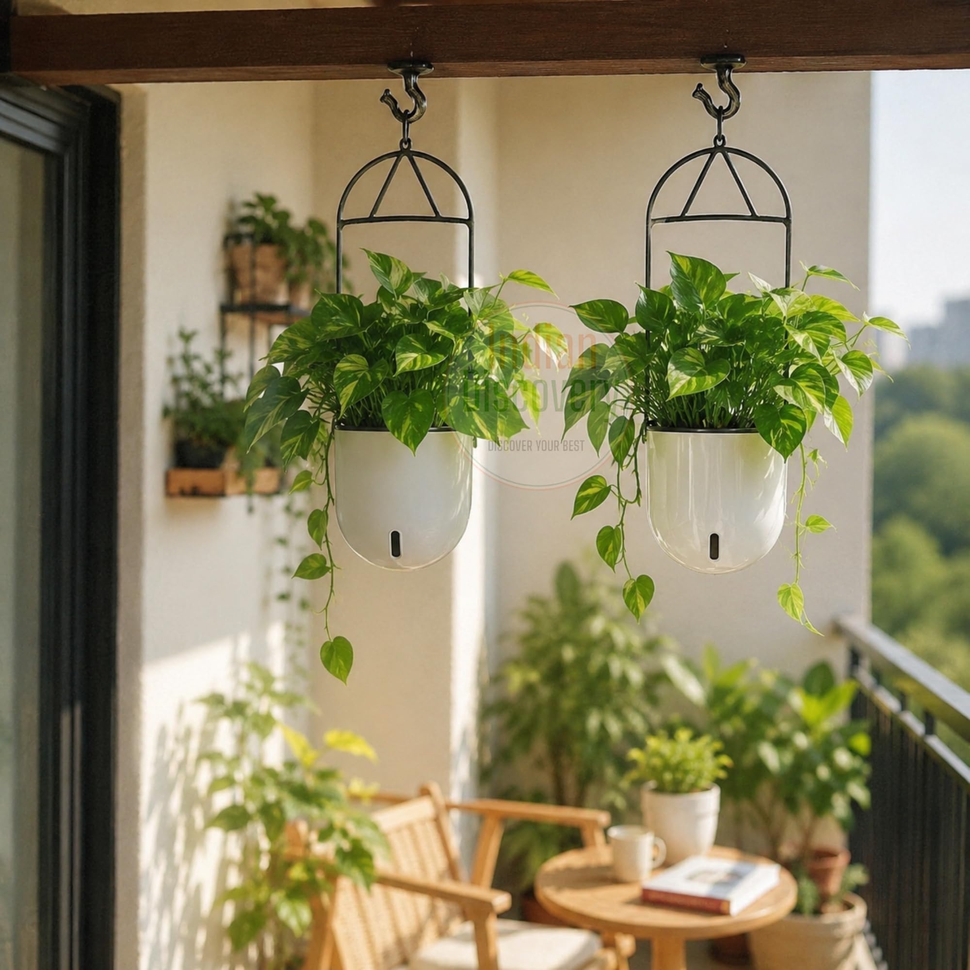Indian Discovery® Self Watering Ceiling Hanging Planter|Hanging/Hooked Flower Pots for Home, Balcony, Vertical Garden Decor Flower Pots(2 PC,White, Sphere)|6 Inch UV-Resistant Plastic Plant Pots