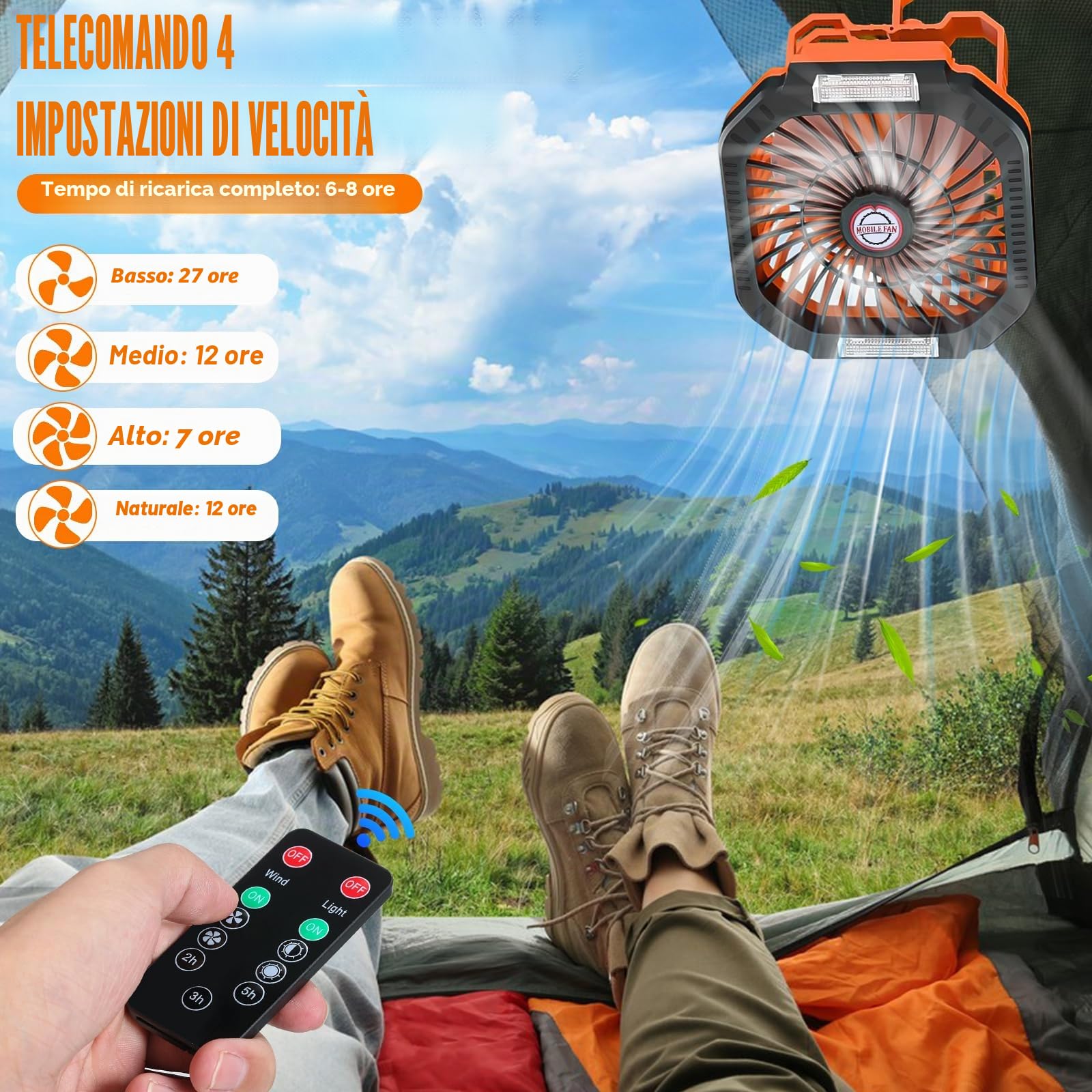 Ventilatore da campeggio, ventilatore da tavolo USB con batteria, luce, gancio, cinturino in paracord, 4 velocità, 3 regolazioni temporizzate, adatto per camera, campeggio, viaggio