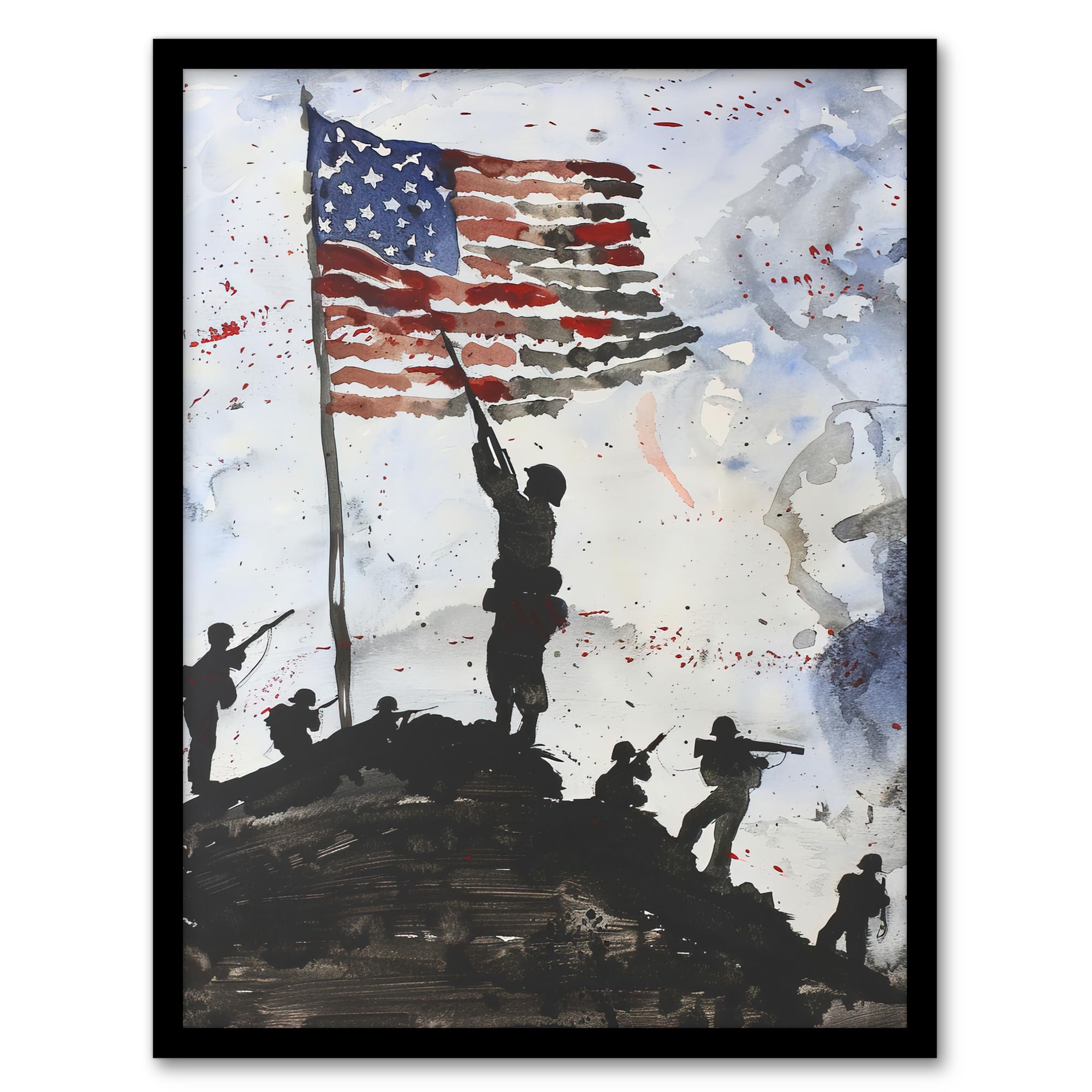Artery8 Iwo Jima WWII Soldiers American Flag Watercolour Man Cave Artwork Framed Wall Art Print A4