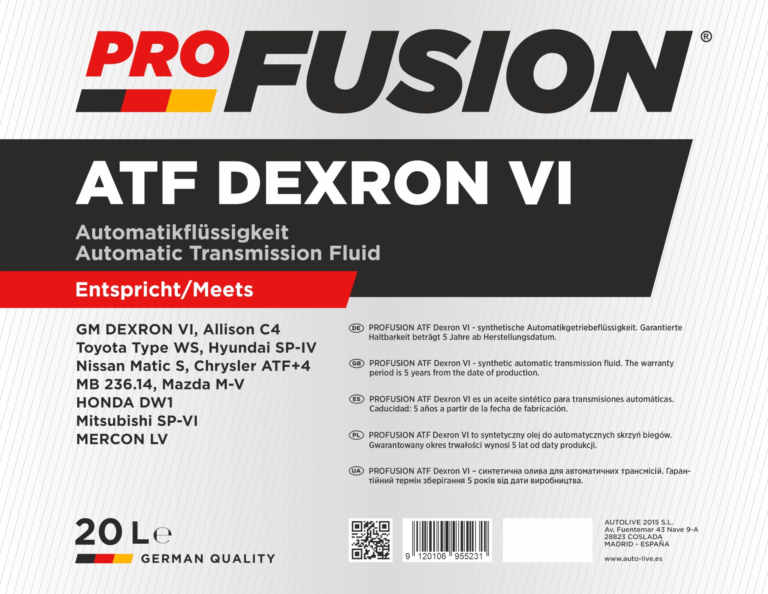 ProFusion ATF Dexron VI 20L – Aceite de Transmisión Automática Sintético – Cambio Suave, Protección Antidesgaste y Alta Estabilidad