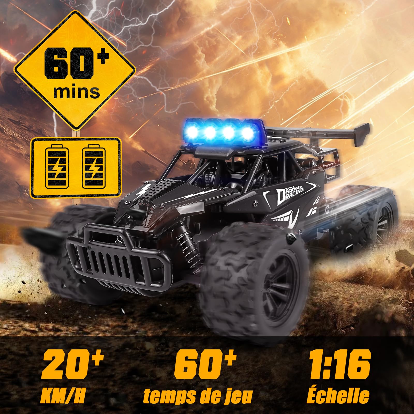 Joellfuner Voiture Ttélécommandée Tout Terrain, 1:16 2.4GHz Voiture Rc avec Lumière LED Quadrichromique, 2WD 20KM/H Buggy RC avec Vitesses Hautes et Basses, Cadeau pour Enfants Plus de 3 Ans (Noir)