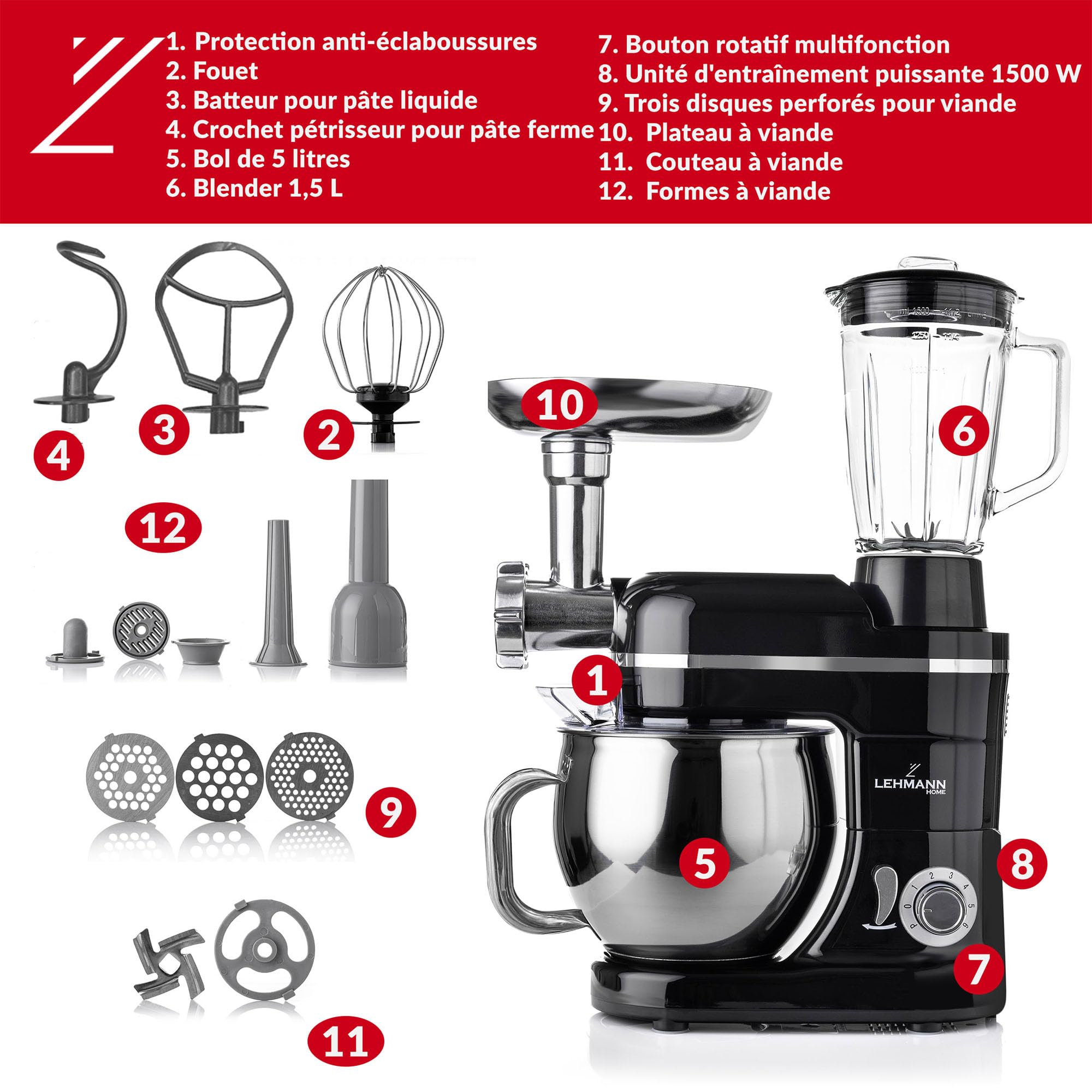 LEHMANN Robot Pâtissier & Robot de Cuisine Multifonction 3-en-1, avec Hachoir à Viande, Blender en Verre 1,5L, Bol Inox 5L, Mouvement Planétaire, 6 Vitesses + Pulse