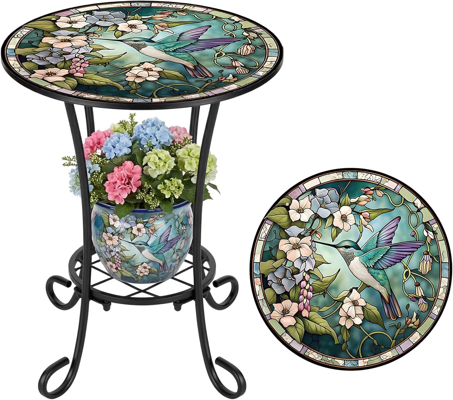 Cinnvoice Outdoor Side Table 2-Tier Round Small Mosaic Patio Accent Indoor End Plant Coffee Tea Table for Yard Patio Porch Garden Living Room, Bedroom(Hummingbird Style,14 Inch)