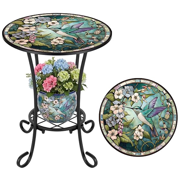 Cinnvoice Outdoor Side Table 2-Tier Round Small Mosaic Patio Accent Indoor End Plant Coffee Tea Table for Yard Patio Porch Garden Living Room, Bedroom(Hummingbird Style,14 Inch)