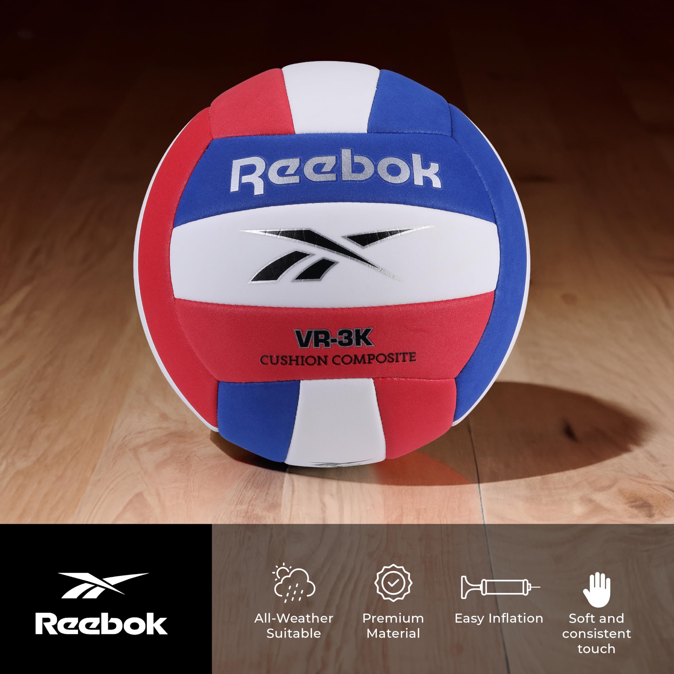 Reebok Ballon de Volleyball récréatif, Taille Officielle, Balle Composite performante, Toucher Ultra Doux, Pompe et Aiguille Inclus, série VR-3K