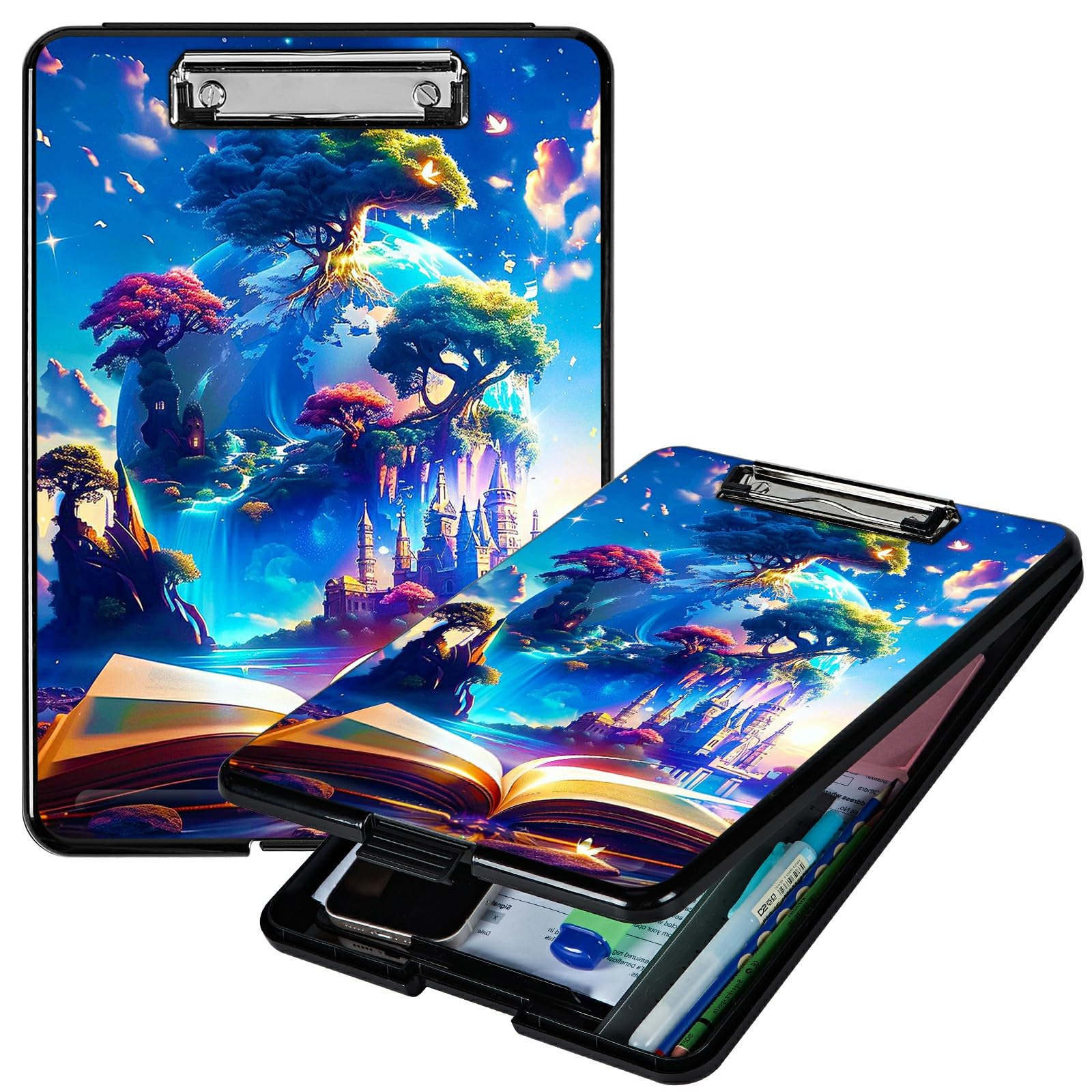 RWUTYTIUL Book Trees A4 Clipboard with Storage Pen Holder, Clipboards Organizer Nursing Clipboard Foldable File Folder Plastic Clipboard Folio Clip Board for Office Students Classroom Doctor โ image 1