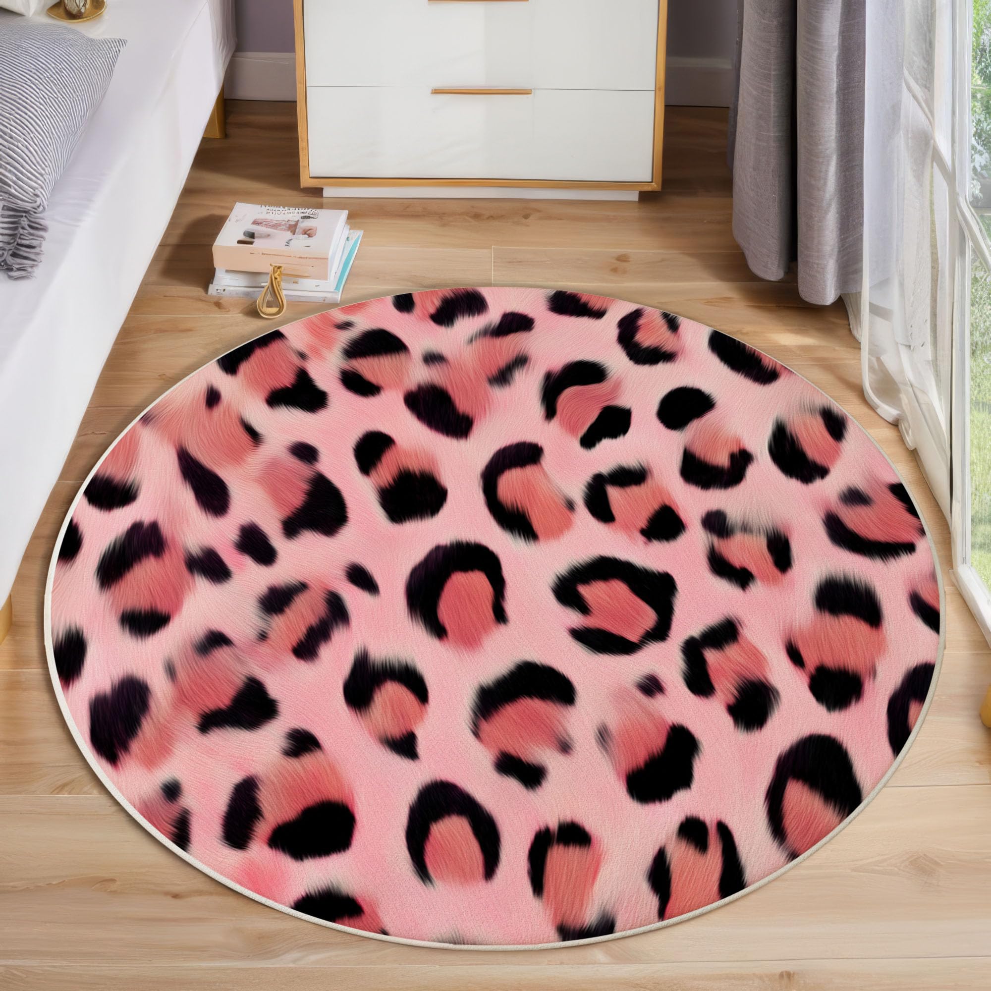 Tapis salon rond imprimé léopard peluche moquette ronde chambre
